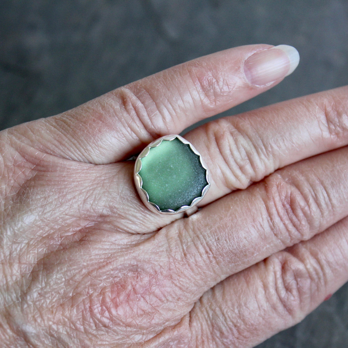 Large Sage Green Sea Glass Ring | Handmade | Sterling Silver | Size 8 ¼