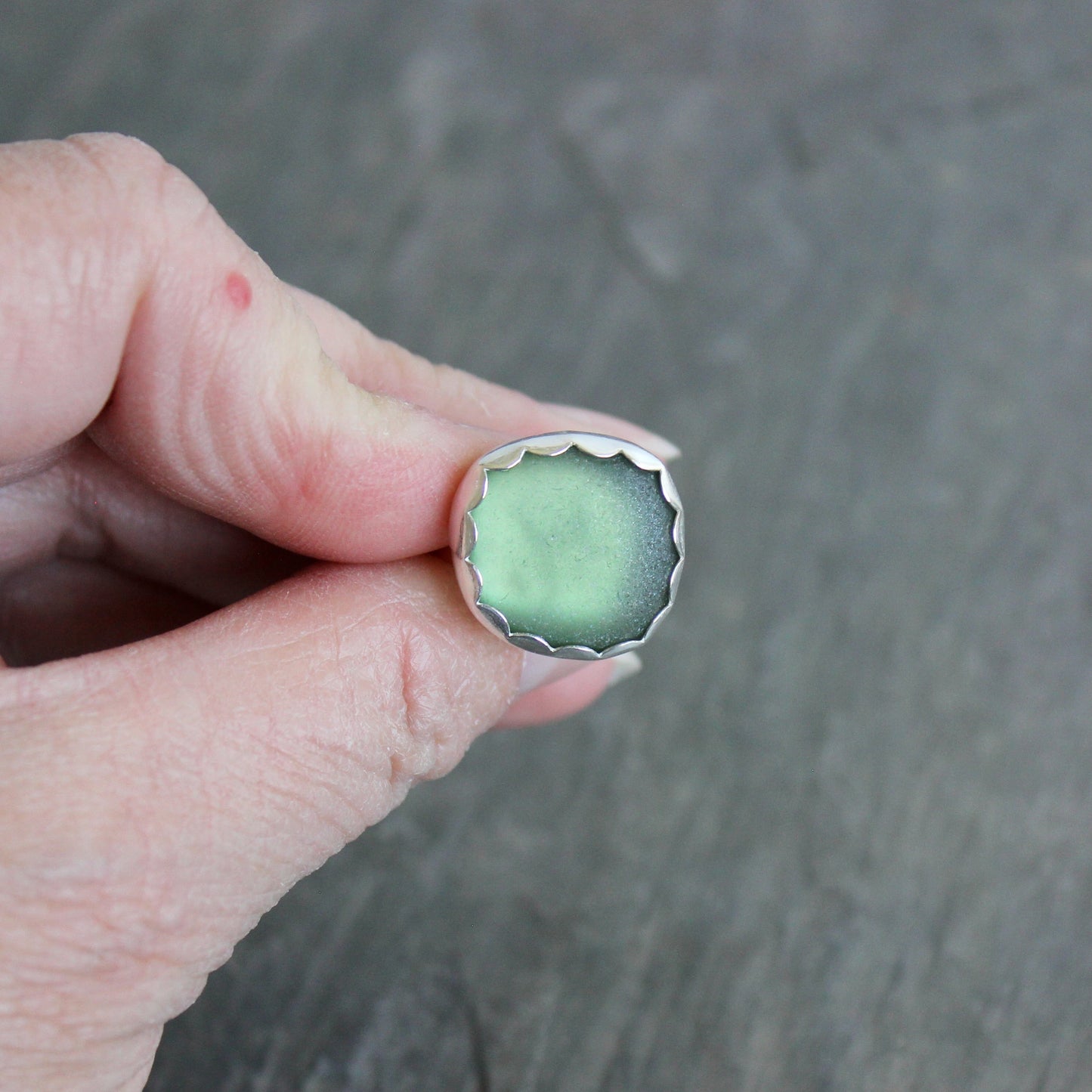 Large Sage Green Sea Glass Ring | Handmade | Sterling Silver | Size 8 ¼
