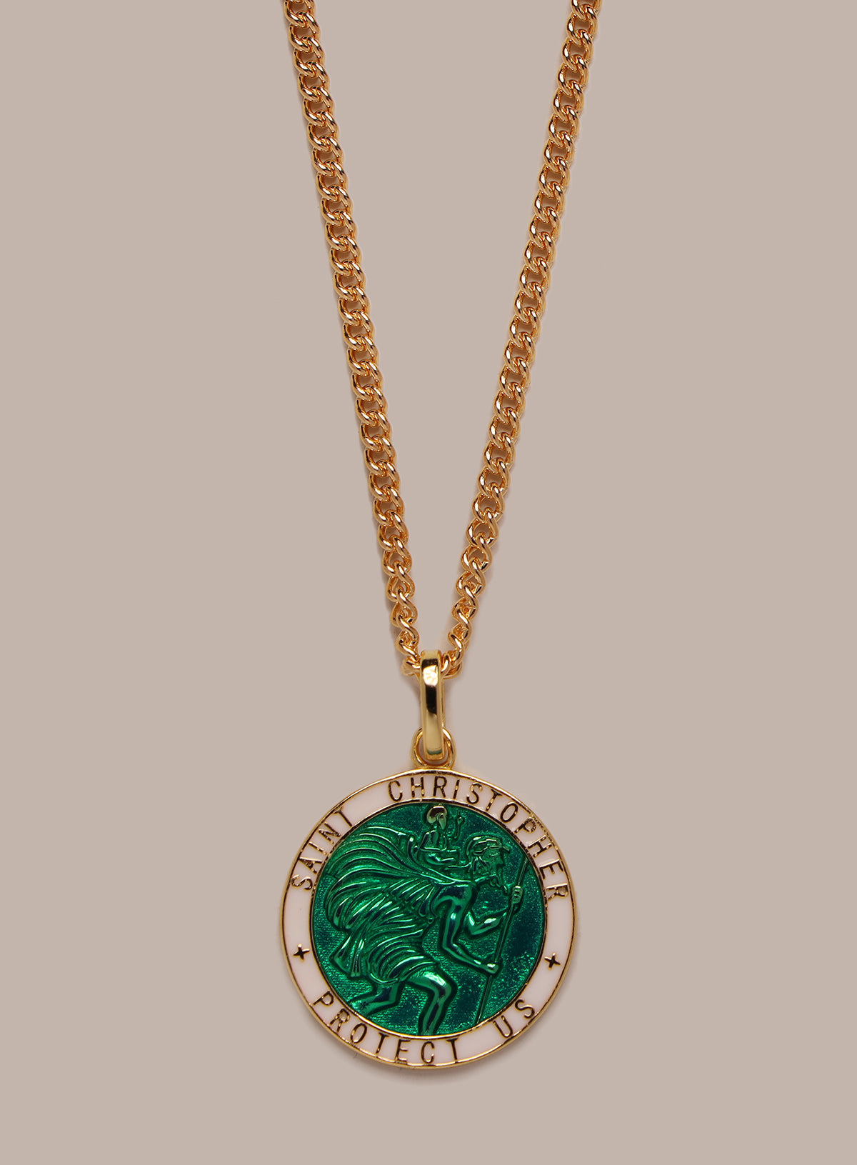 Vermeil Gold Emerald Green Enamel Saint Christopher Medal Necklace for Men