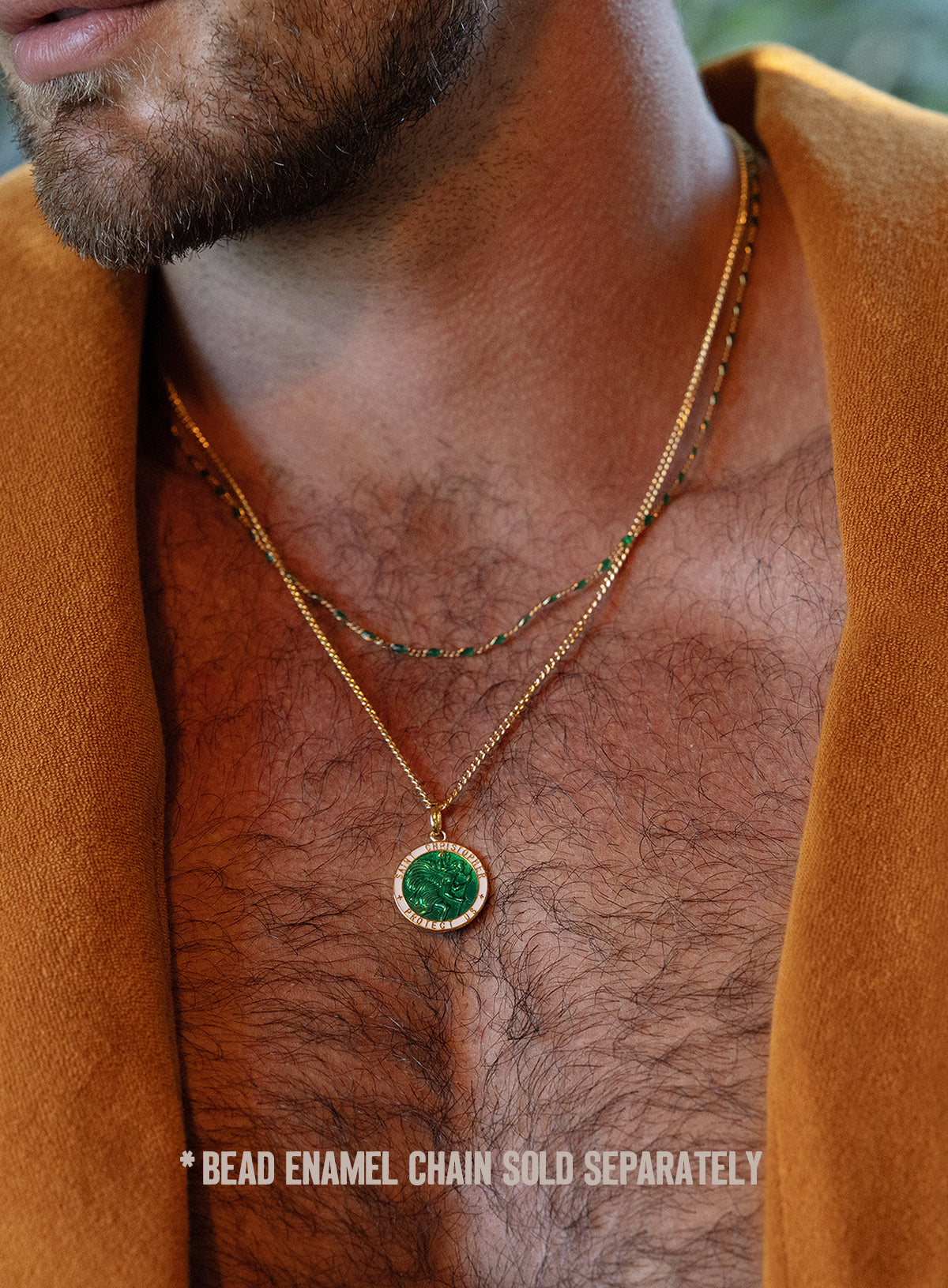 Vermeil Gold Emerald Green Enamel Saint Christopher Medal Necklace for Men