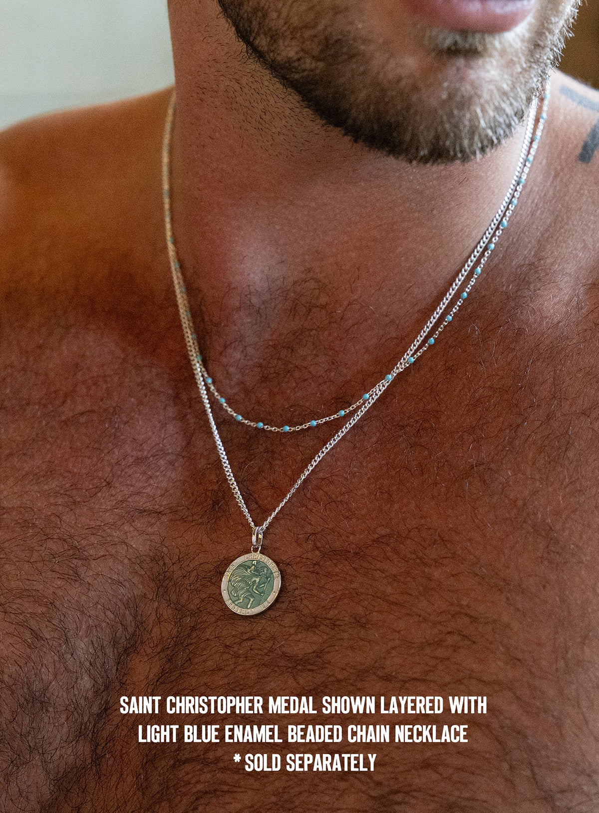 Sterling Silver Blue Enamel Saint Christopher Medal Necklace for Men