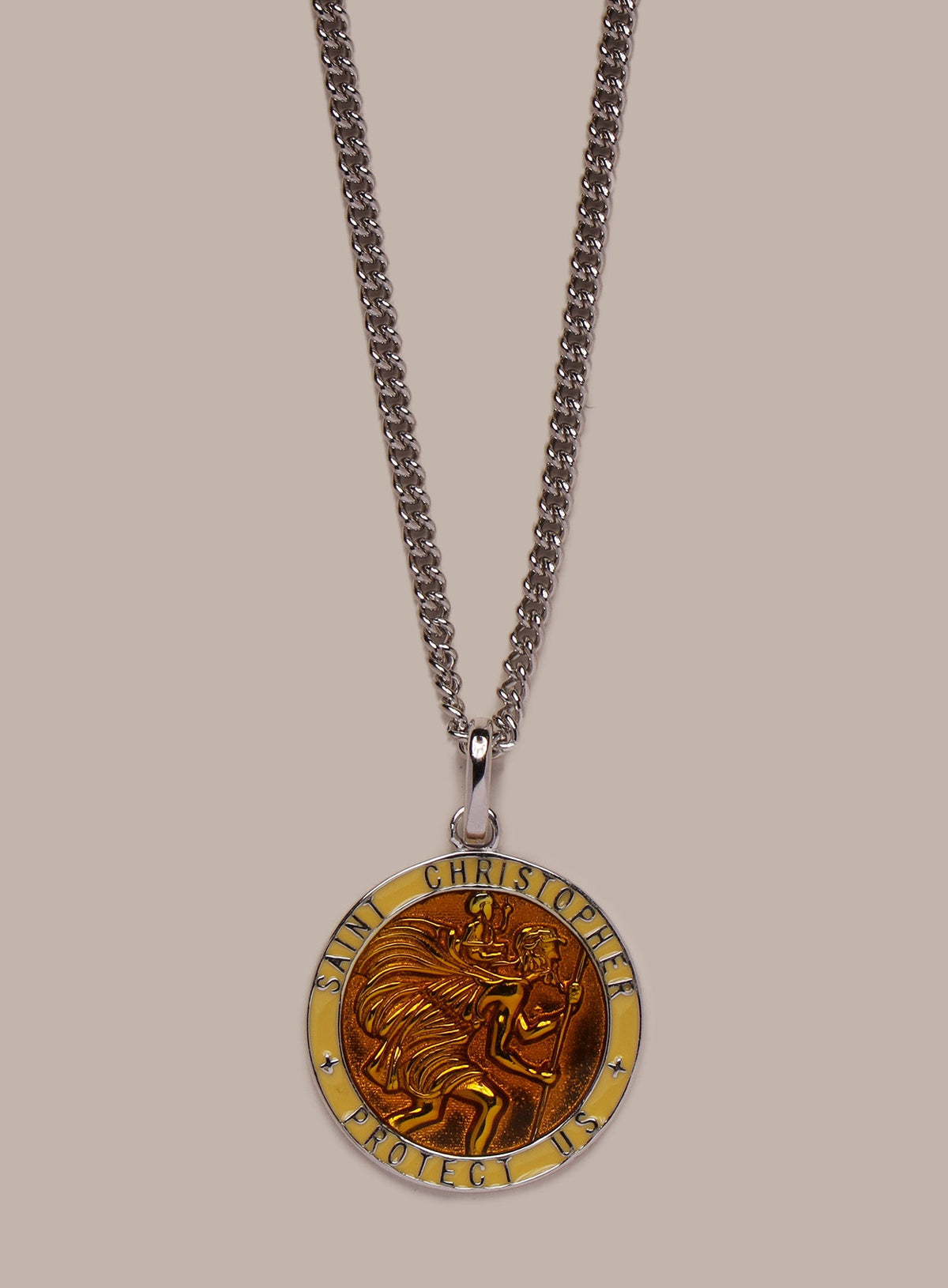 Sterling Silver Yellow/Saffron Enamel Saint Christopher Medal Necklace for Men