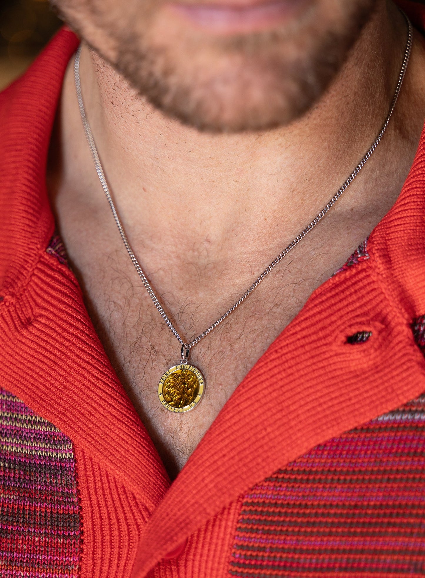 Sterling Silver Yellow/Saffron Enamel Saint Christopher Medal Necklace for Men