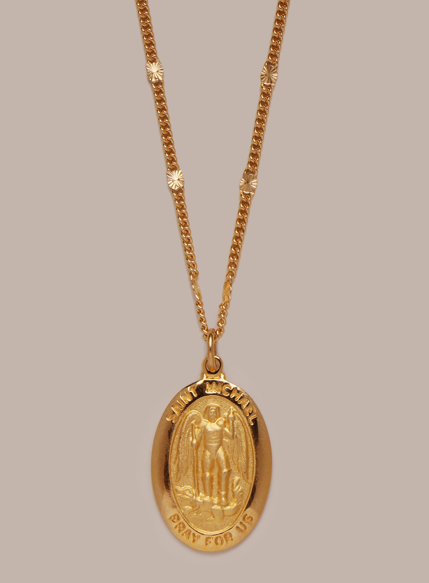 Saint Michael Oval Medal on 14k Gold Filled Starburst Curb Chain