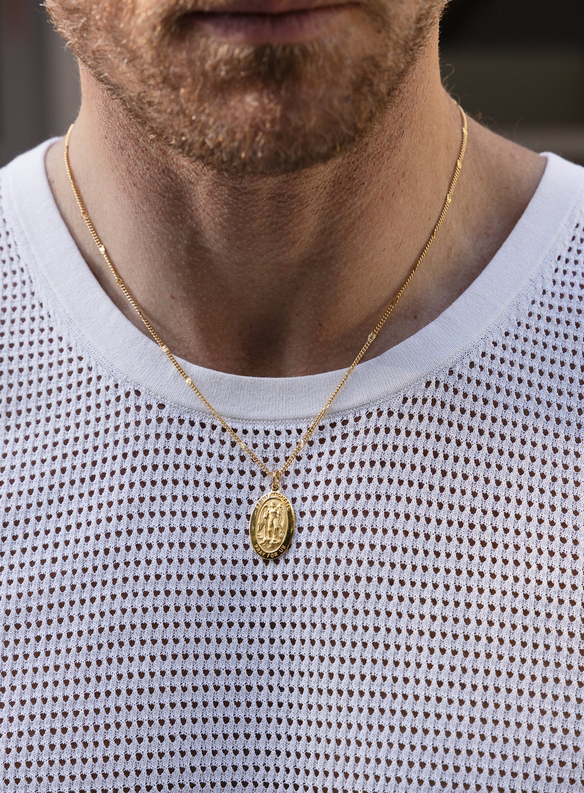 Saint Michael Oval Medal on 14k Gold Filled Starburst Curb Chain