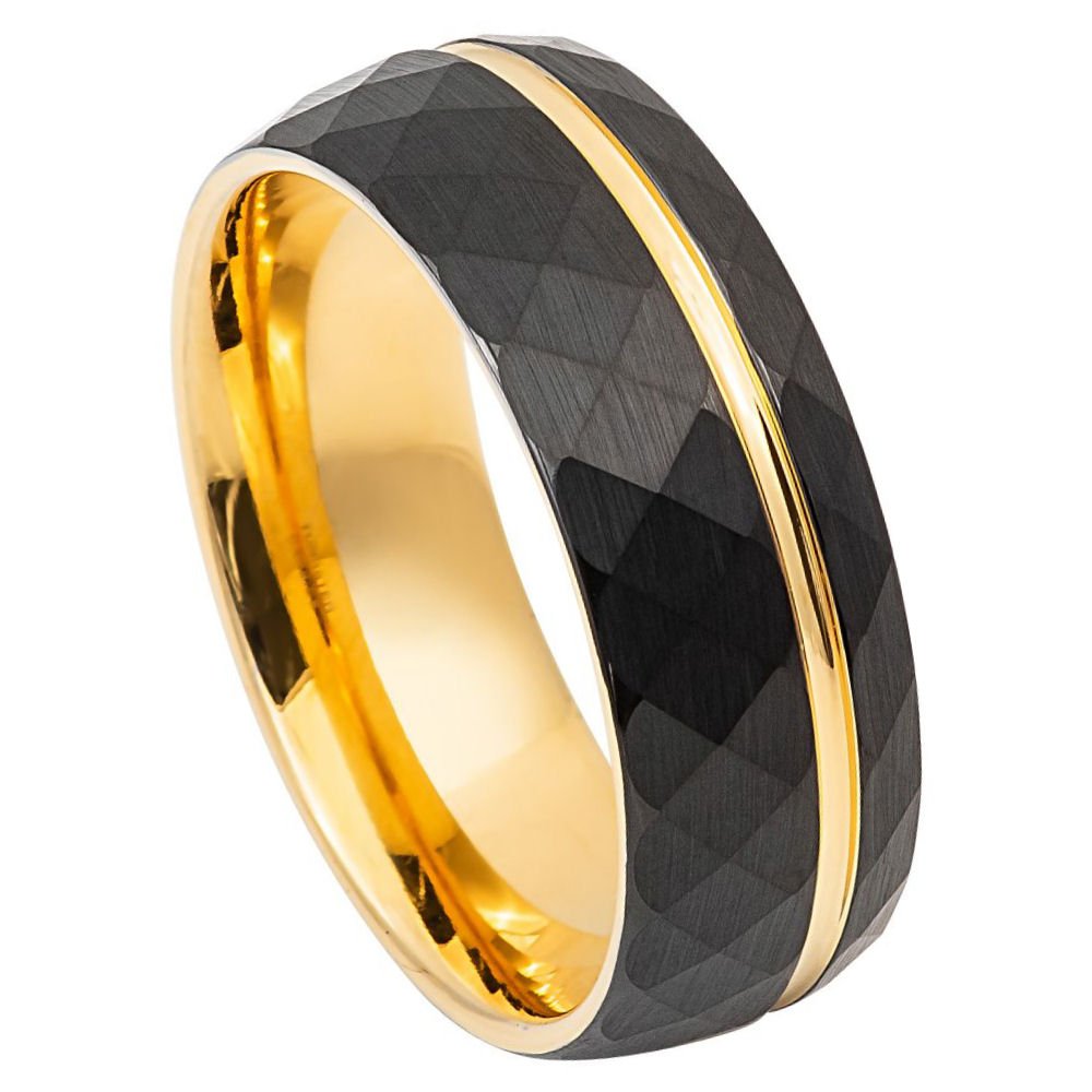 SAMSON | Gold Tungsten Faceted Black Sides Off-Center Groove Wedding Ring 8mm