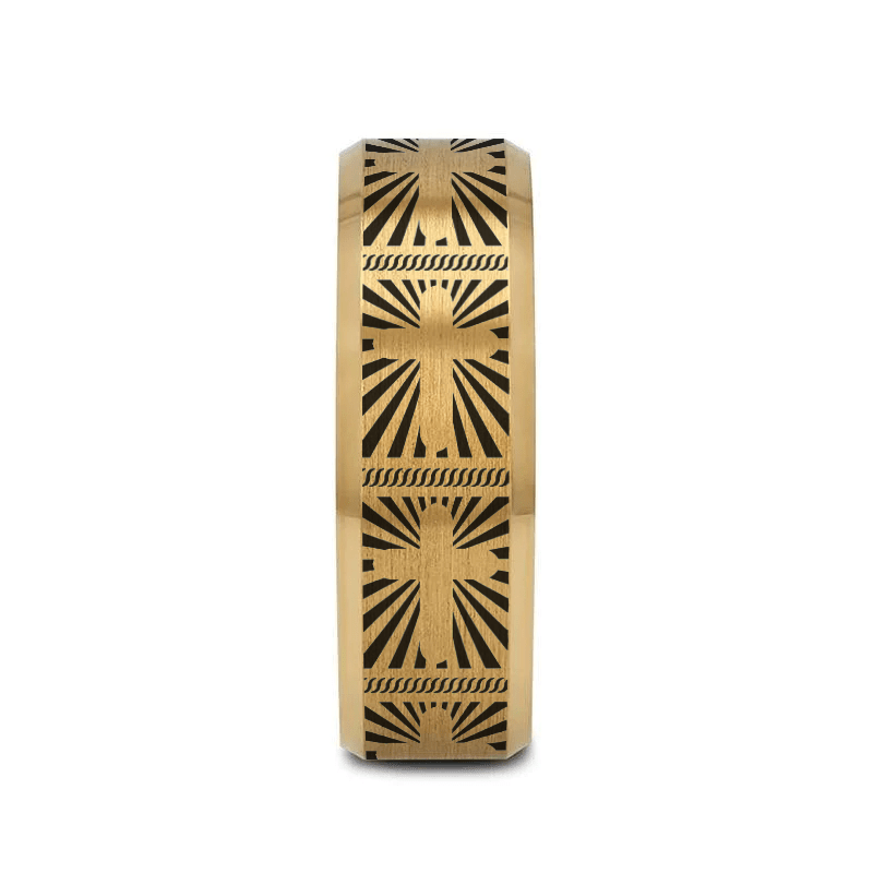 SANCTUS | Gold Tungsten Sunburst Cross Wedding Band, Beveled Edges