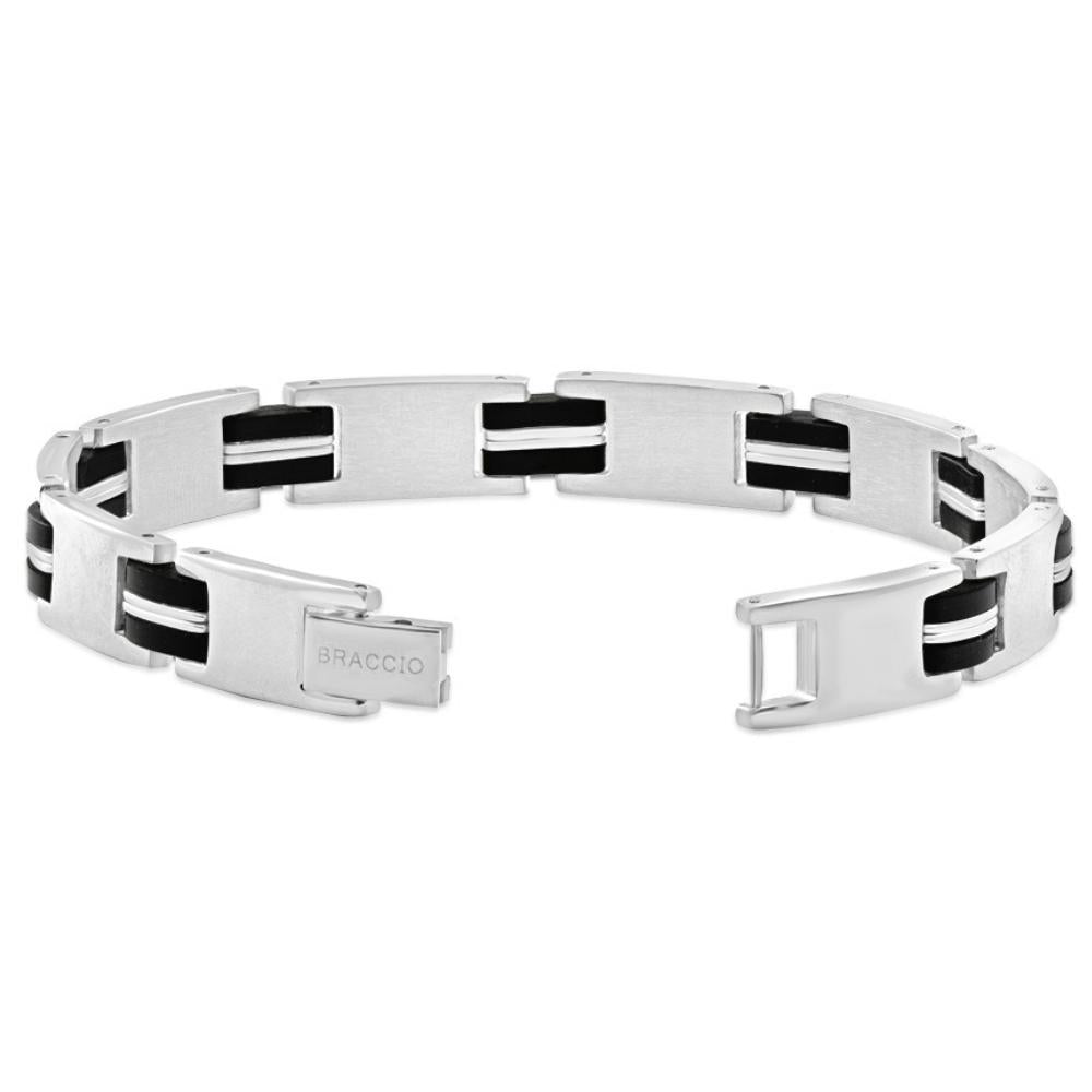 Men's Steel And Black Two Tone, Two striped 10mm Link  8.5 " Bracelet