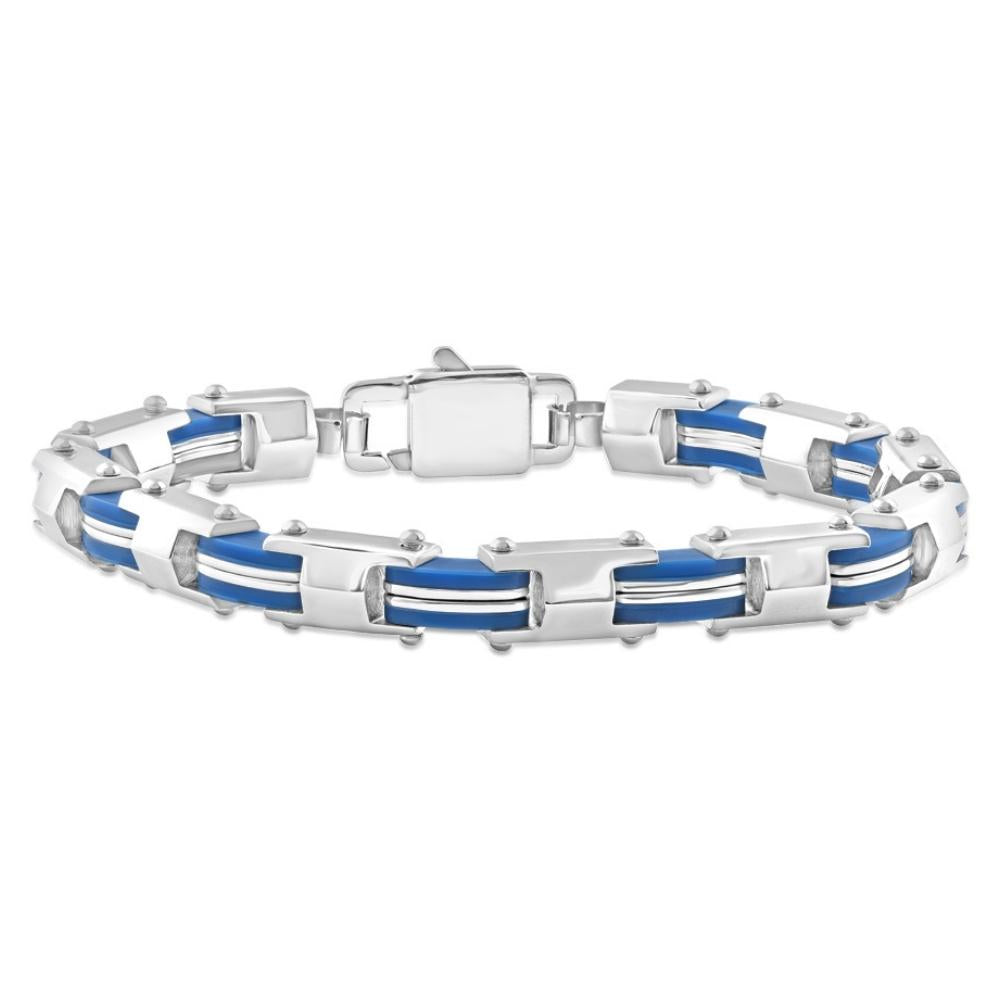 Men's Steel And Blue Two Tone 8mm Link Flexible Trigger Clasp  8.5 " Bracelet