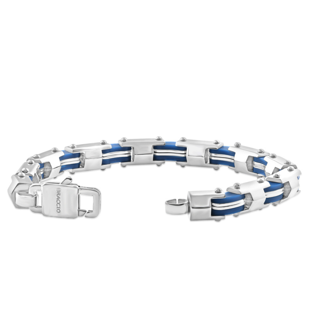 Men's Steel And Blue Two Tone 8mm Link Flexible Trigger Clasp  8.5 " Bracelet