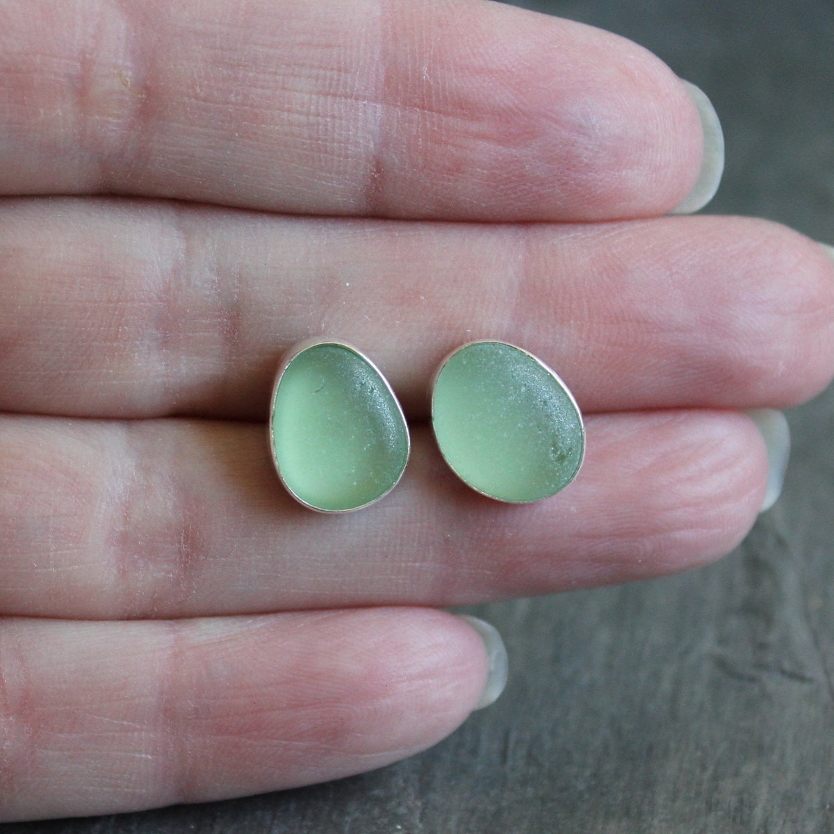 Sea Foam Green Sea Glass Stud Earrings | Handmade | Sterling Silver