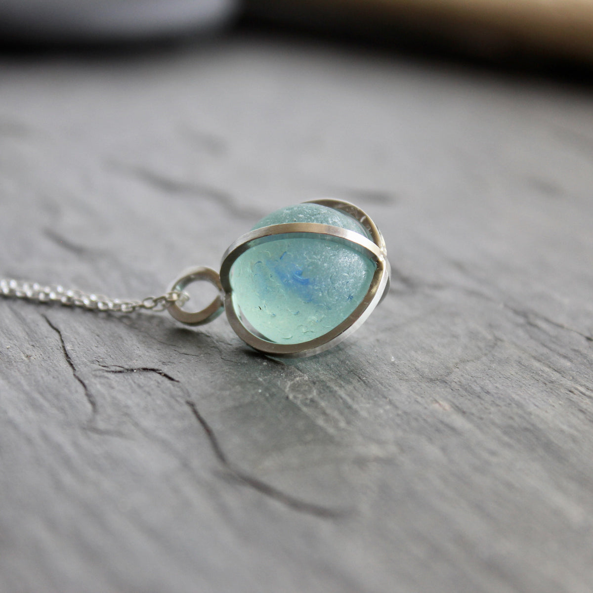 Blue Caged Sea Glass Marble Necklace | Sterling Silver | Handmade | Beach Jewelry