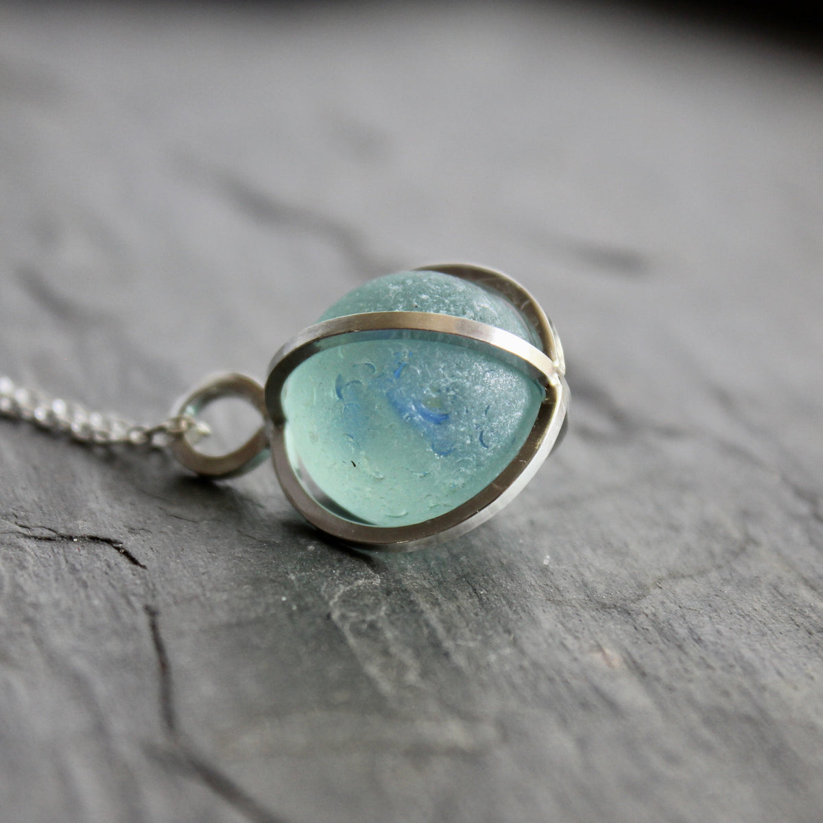 Blue Caged Sea Glass Marble Necklace | Sterling Silver | Handmade | Beach Jewelry