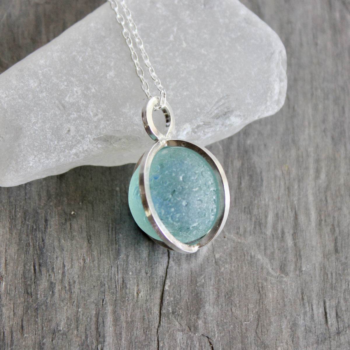 Blue Caged Sea Glass Marble Necklace | Sterling Silver | Handmade | Beach Jewelry