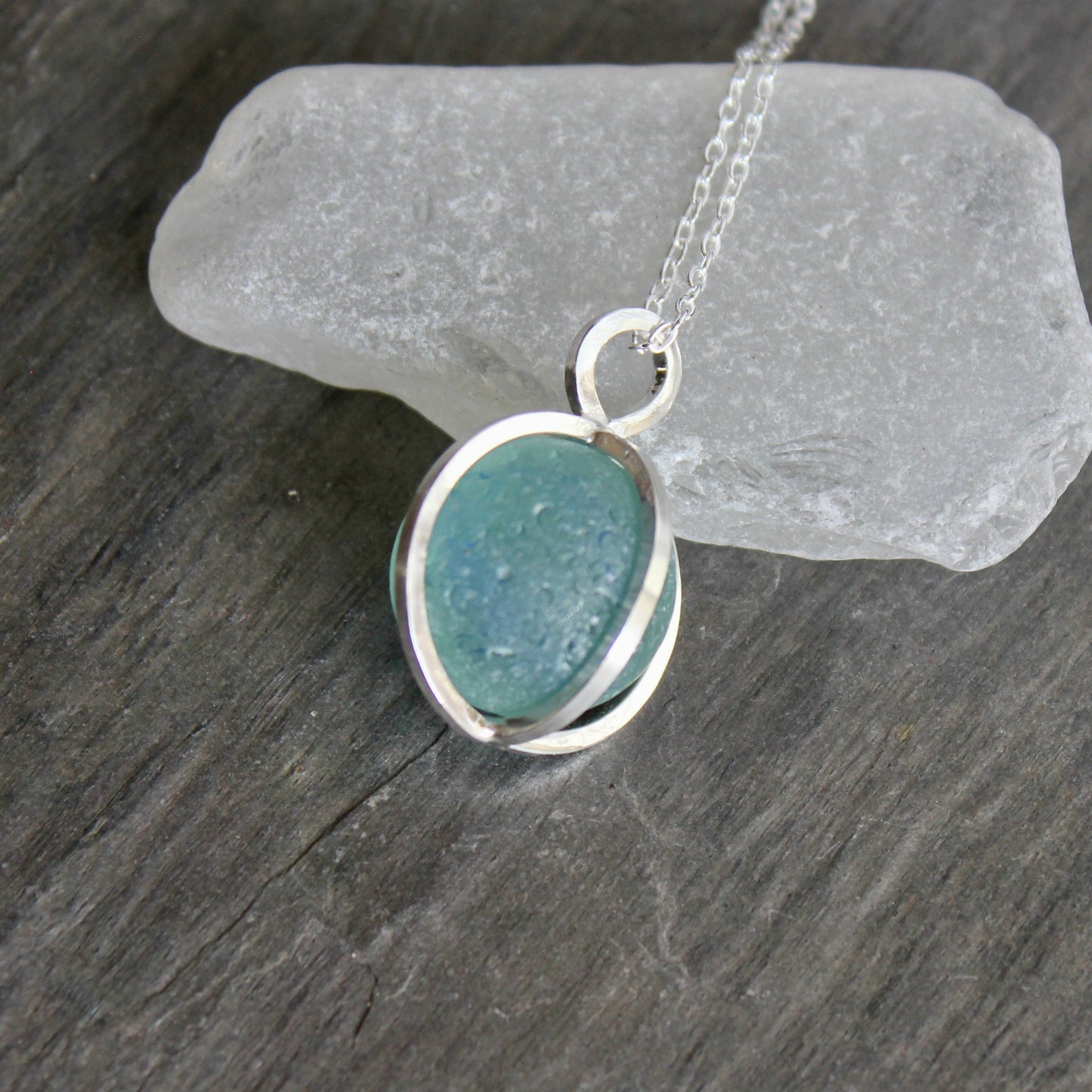 Blue Caged Sea Glass Marble Necklace | Sterling Silver | Handmade | Beach Jewelry