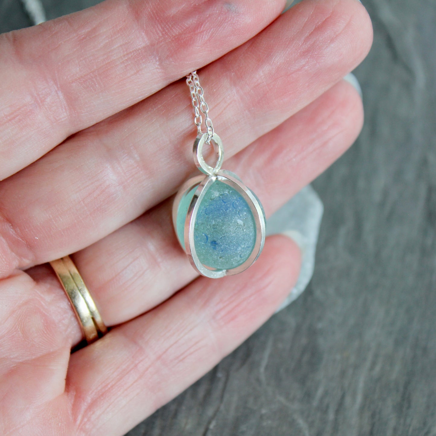 Blue Caged Sea Glass Marble Necklace | Sterling Silver | Handmade | Beach Jewelry