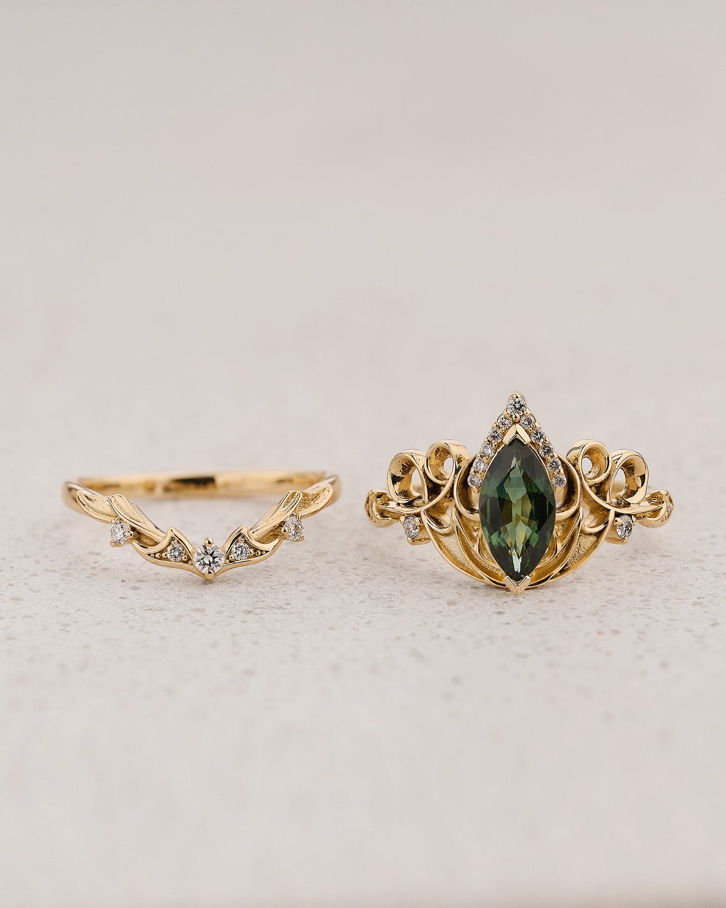 Dragon Inspired Ring Set With Green Marquise Sapphire / Draco