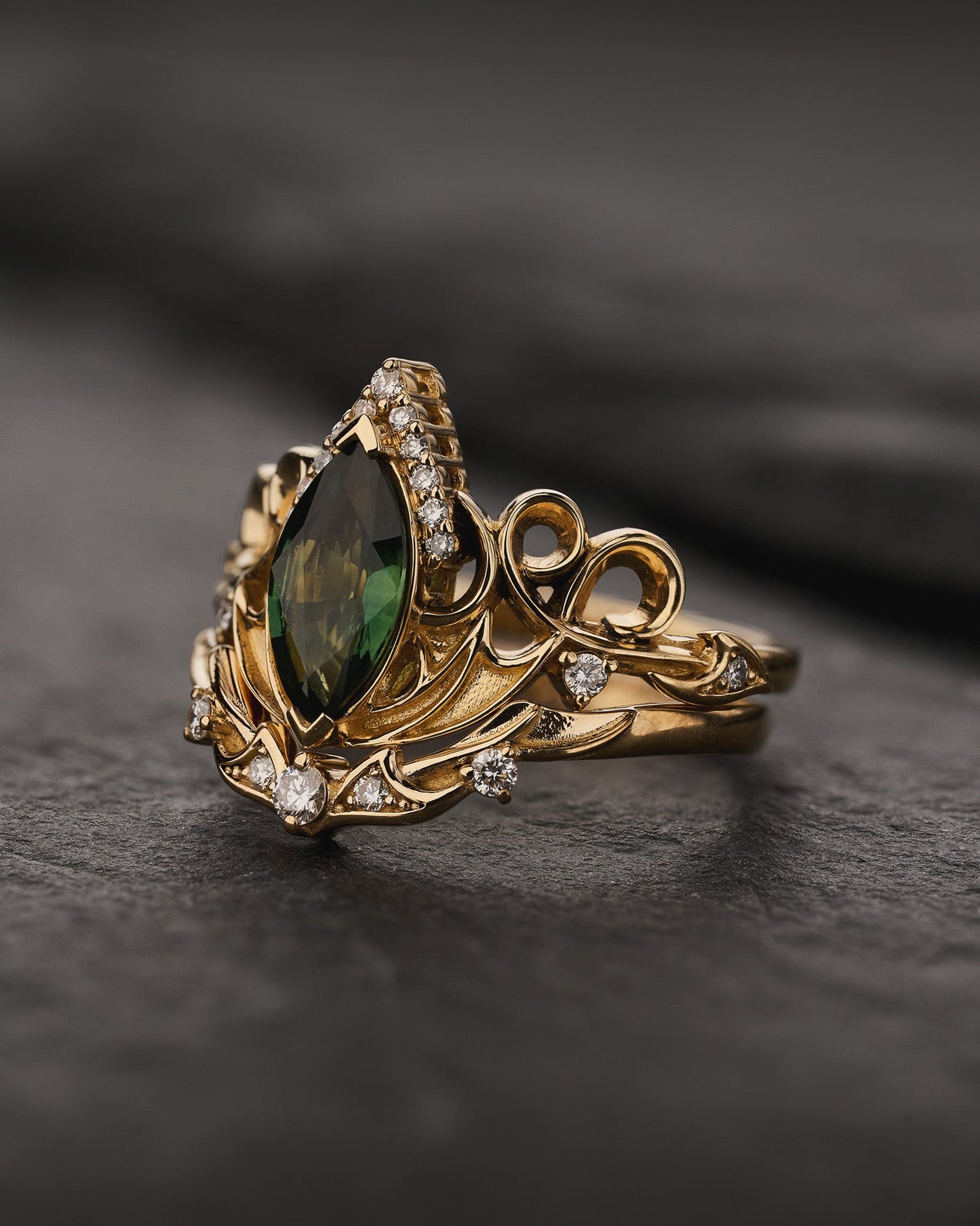 Dragon Inspired Ring Set With Green Marquise Sapphire / Draco