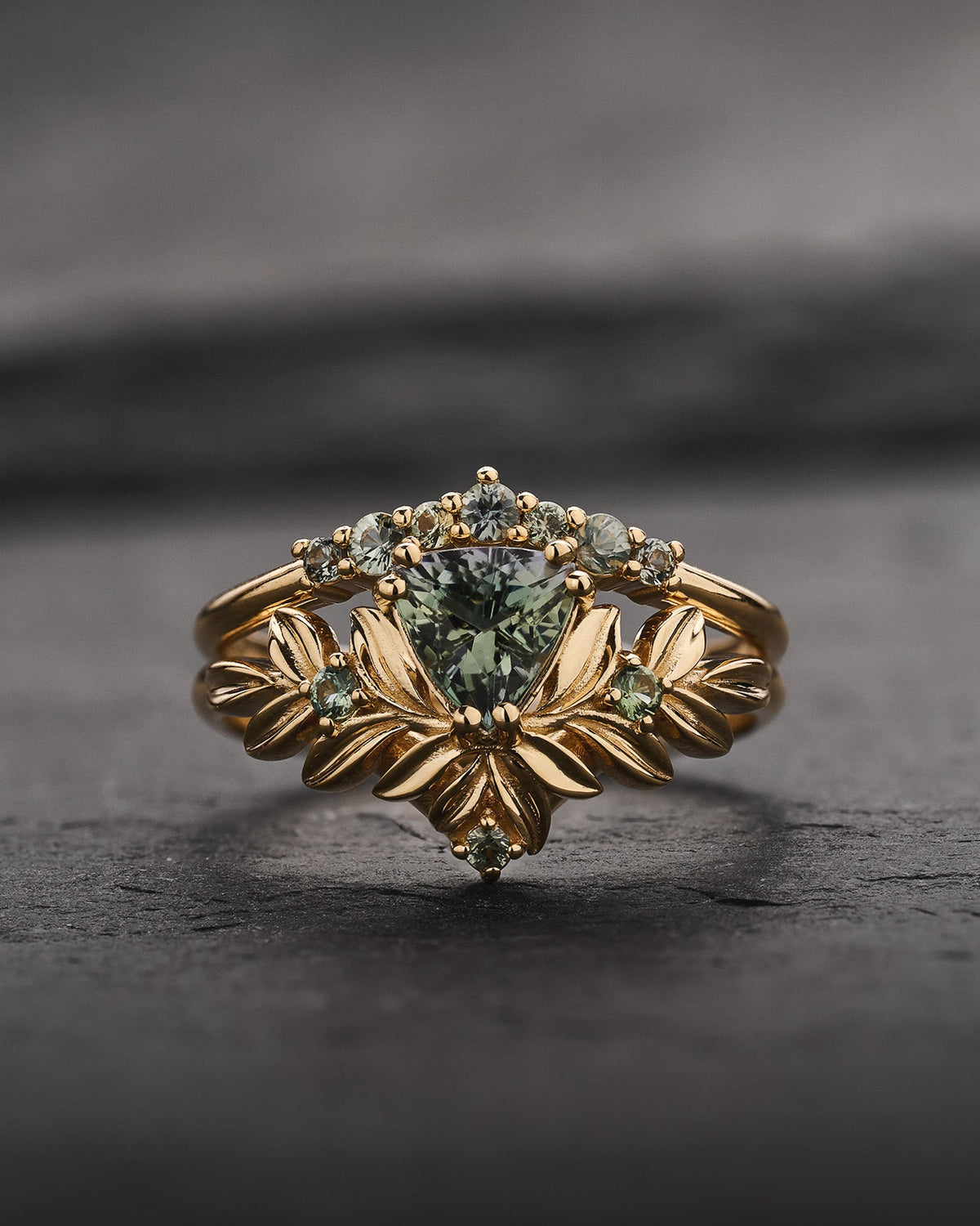 READY TO SHIP Salvia Bridal Set with Trillion-Cut Green Tanzanite and Accent Sapphires, 14K yellow gold, AVAILABLE RING SIZES 5.5 - 8.5 US
