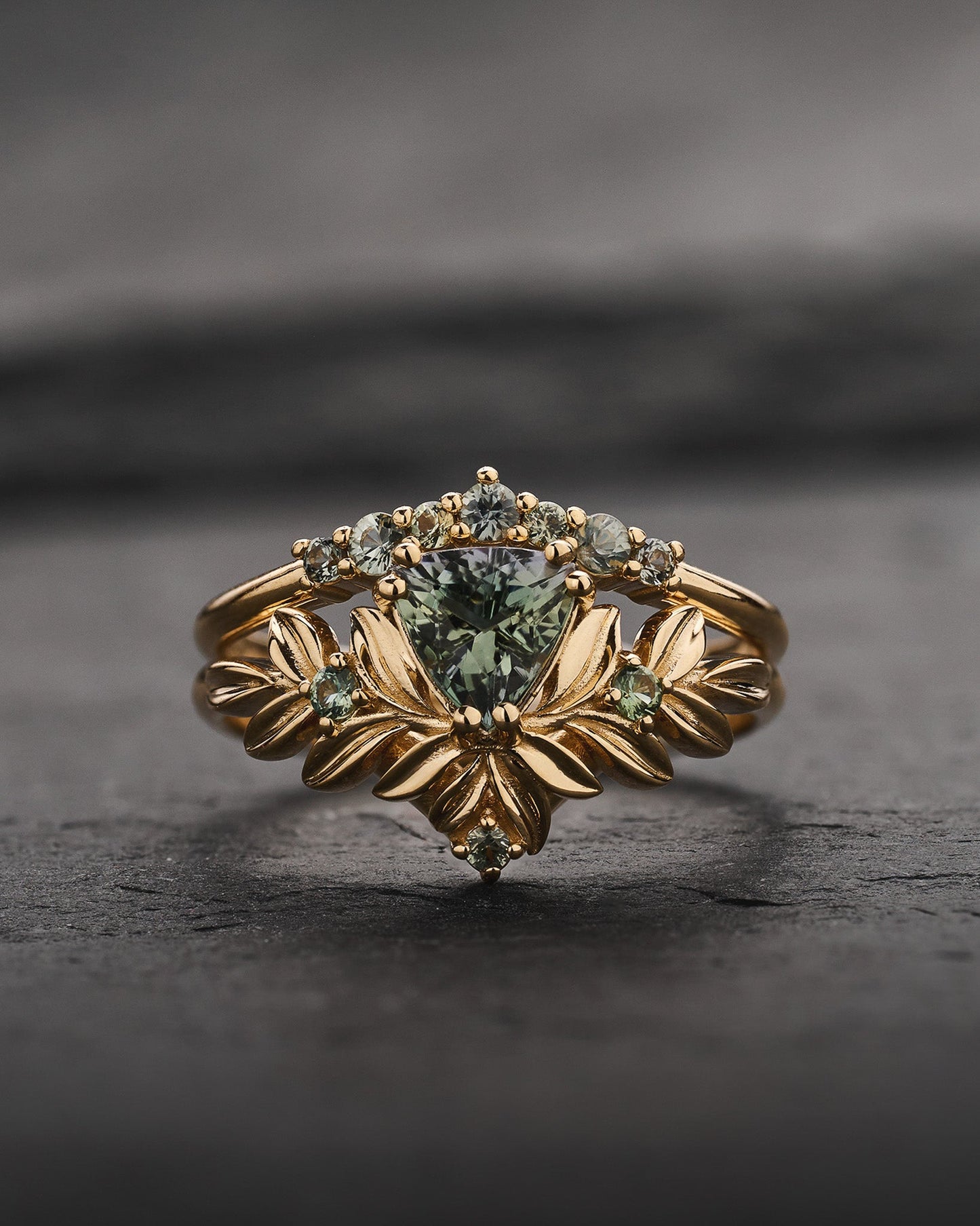 Nature-Inspired Bridal Set with Trillion-Cut Green Tanzanite and Accent Sapphires / Salvia