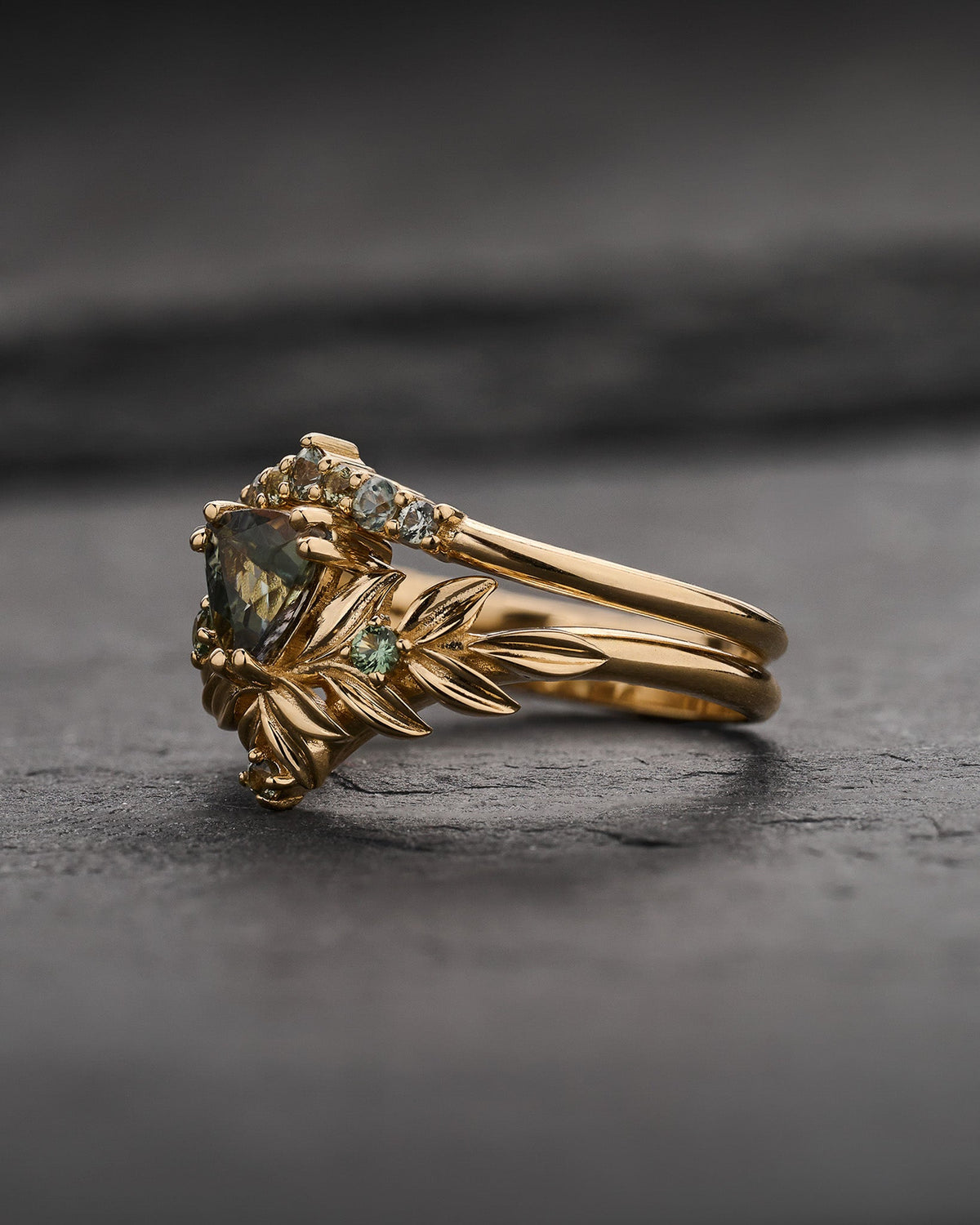 READY TO SHIP Salvia Bridal Set with Trillion-Cut Green Tanzanite and Accent Sapphires, 14K yellow gold, AVAILABLE RING SIZES 5.5 - 8.5 US