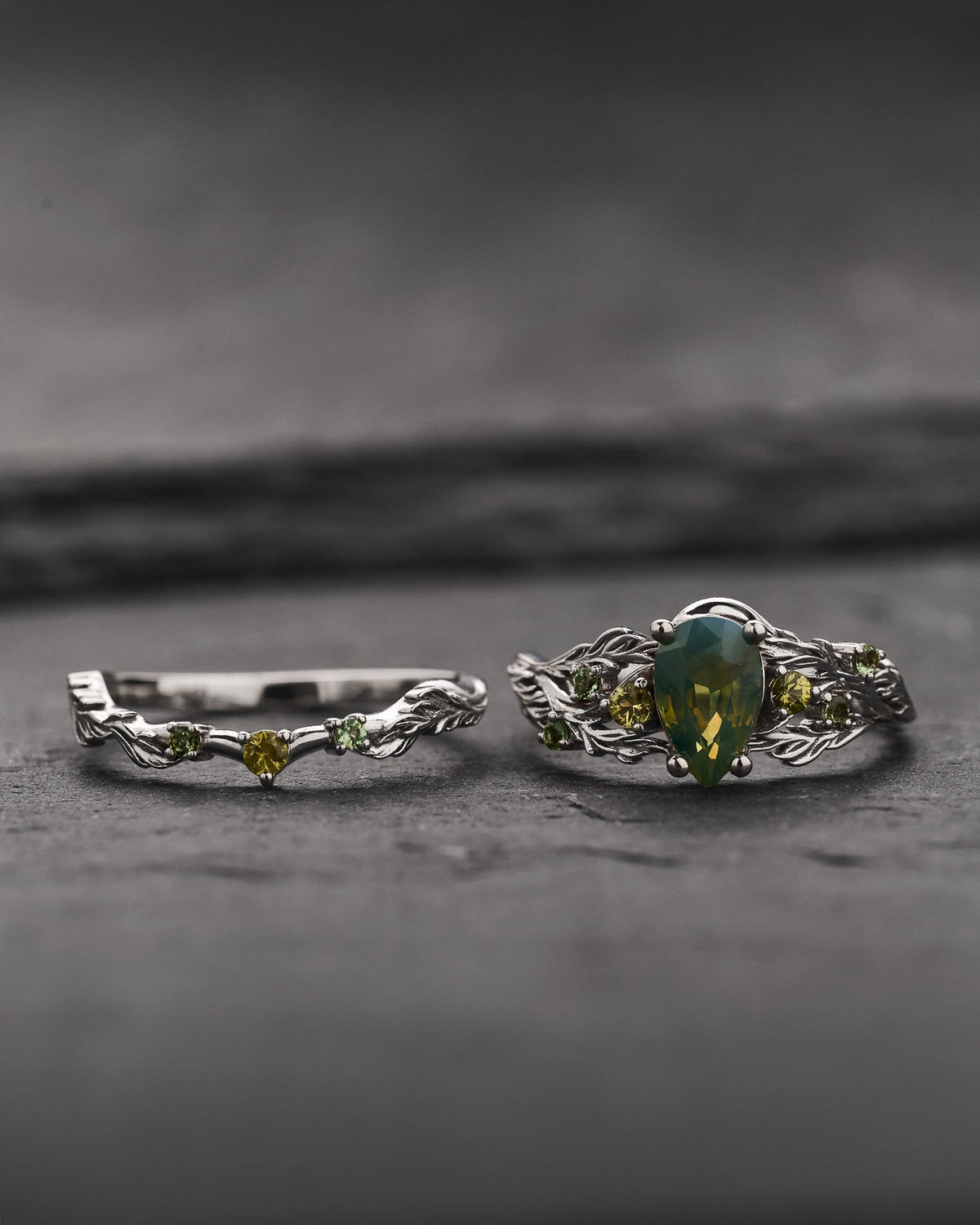 READY TO SHIP Japanese Maple Bridal Set with Pear-Cut Opalescent Yellowish-green Sapphire and Accent Sapphires, 14K white gold, RING SIZES 5.5 - 8.5 US