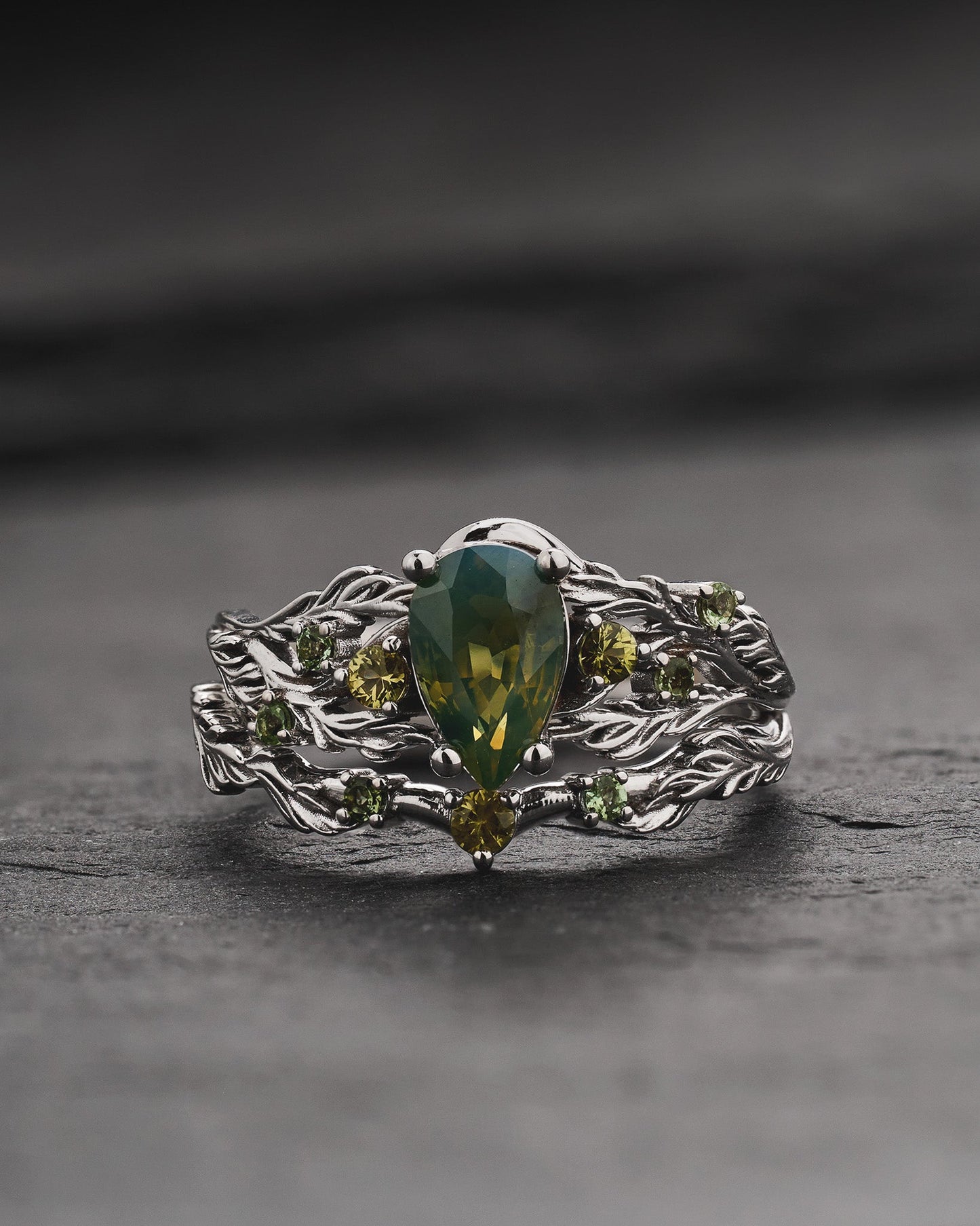 READY TO SHIP Japanese Maple Bridal Set with Pear-Cut Opalescent Yellowish-green Sapphire and Accent Sapphires, 14K white gold, RING SIZES 5.5 - 8.5 US