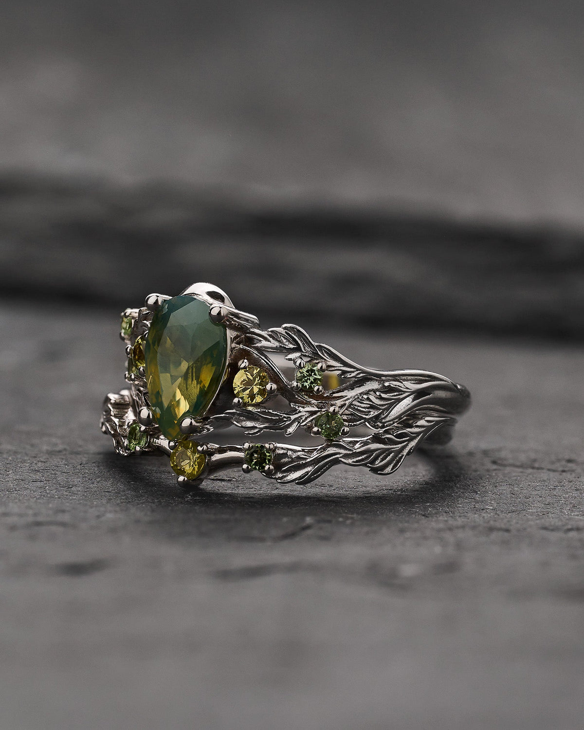 READY TO SHIP Japanese Maple Bridal Set with Pear-Cut Opalescent Yellowish-green Sapphire and Accent Sapphires, 14K white gold, RING SIZES 5.5 - 8.5 US