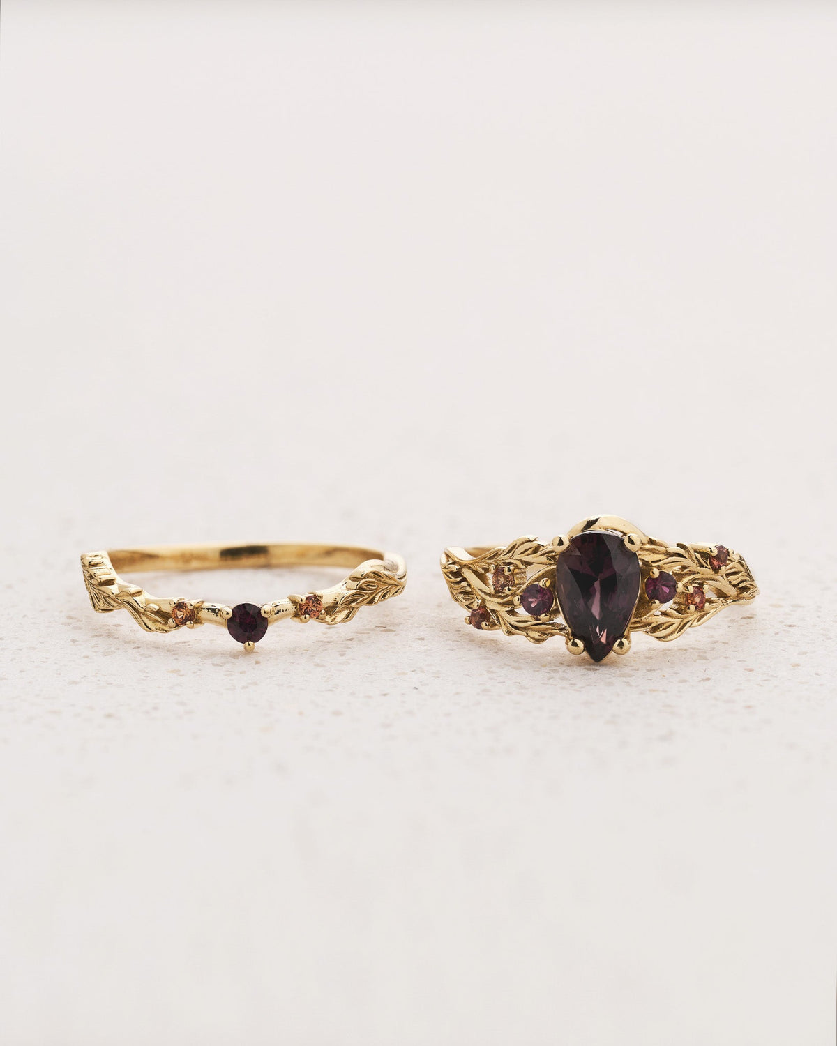 READY TO SHIP Japanese Maple Bridal Set with Pear-Cut Reddish-Brown Sapphire and Accent Sapphires, 14K yellow gold, RING SIZES 5.5 - 8.5 US