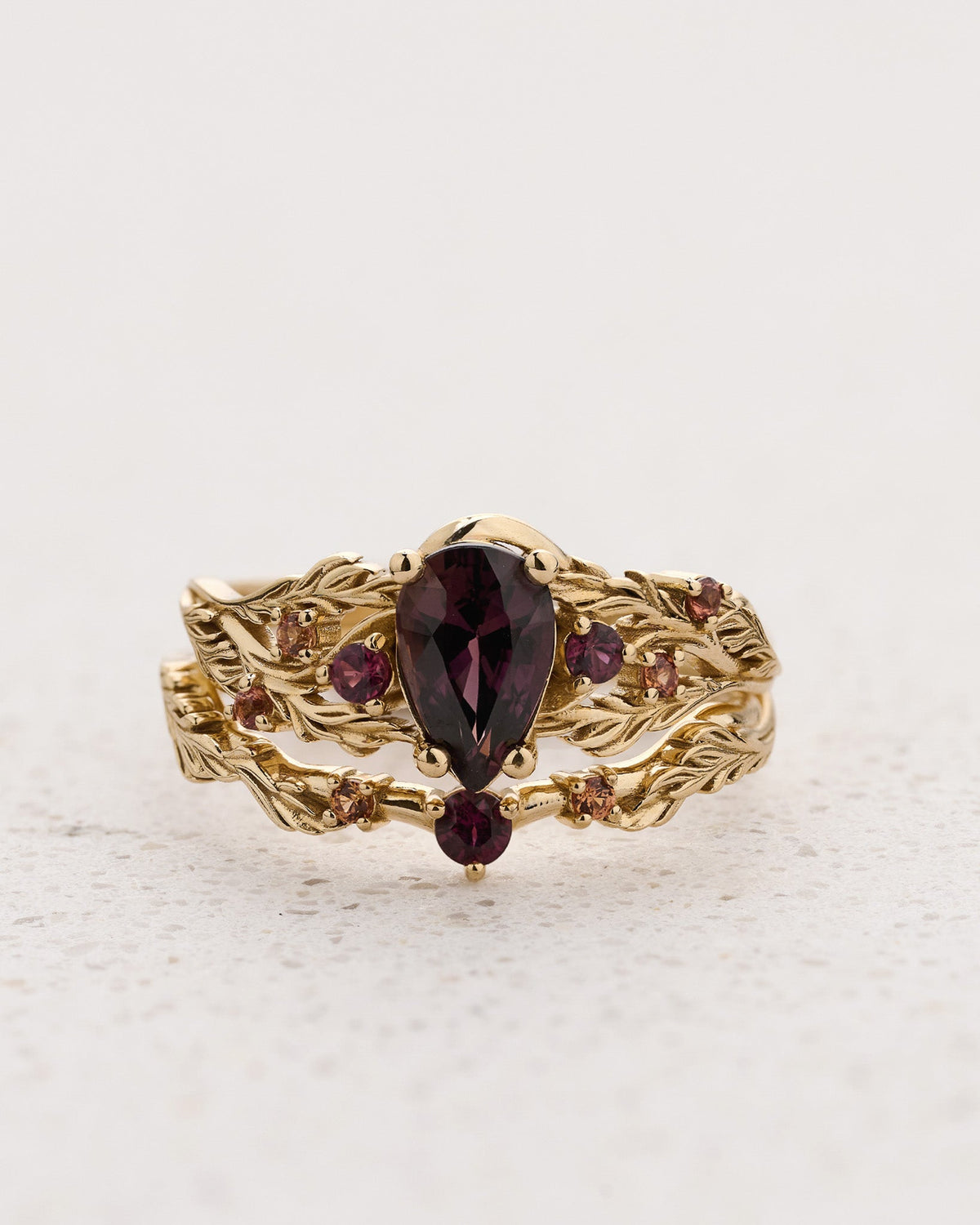 READY TO SHIP Japanese Maple Engagement Ring with Pear-Cut Reddish-Brown Sapphire and Accent Sapphires, 14K yellow gold, RING SIZES 5.5 - 8.5 US