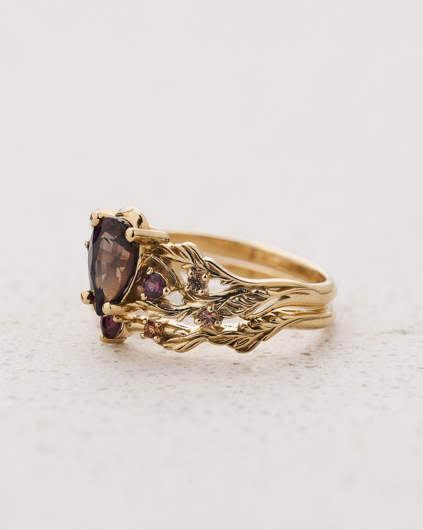 READY TO SHIP Japanese Maple Bridal Set with Pear-Cut Reddish-Brown Sapphire and Accent Sapphires, 14K yellow gold, RING SIZES 5.5 - 8.5 US