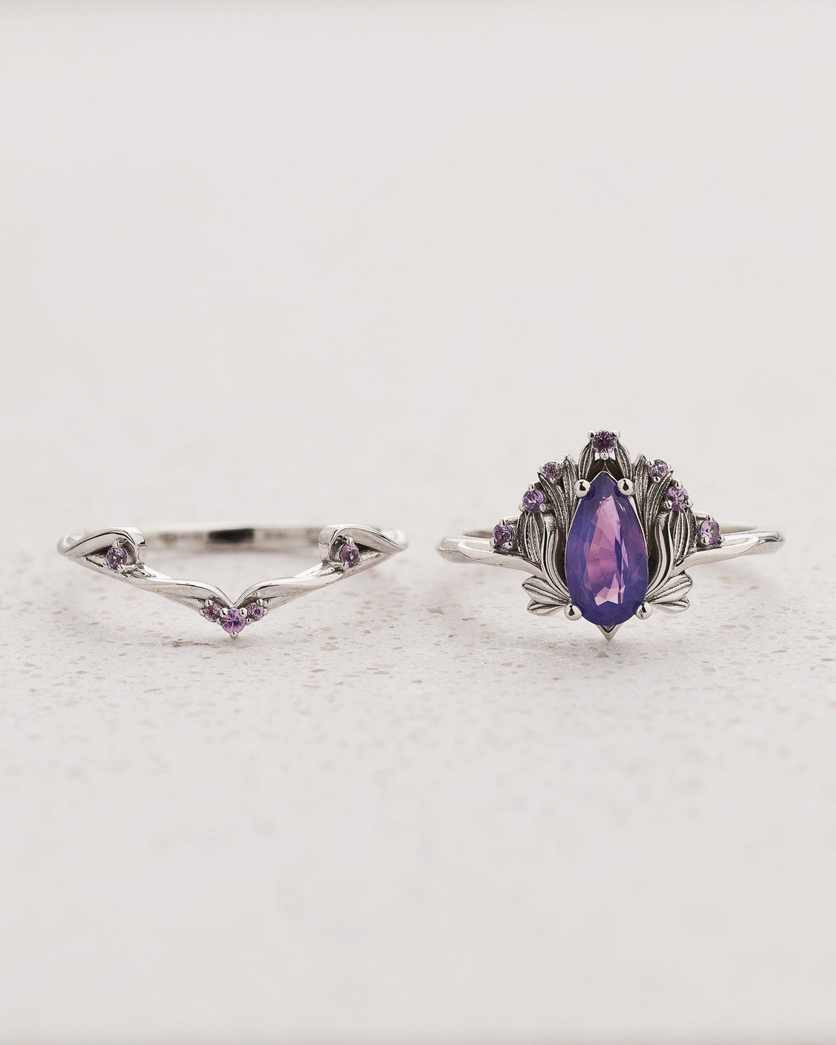 READY TO SHIP Iris Bridal Set with Pear-Cut Opalescent Purple Sapphire and Accent Sapphires, 14K white gold, AVAILABLE RING SIZES 5.5 - 8.5 US