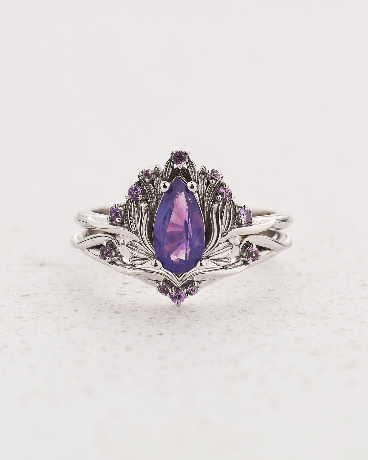 Flower-inspired Bridal Set with Pear-Cut Opalescent Purple Sapphire and Accent Sapphires / Iris
