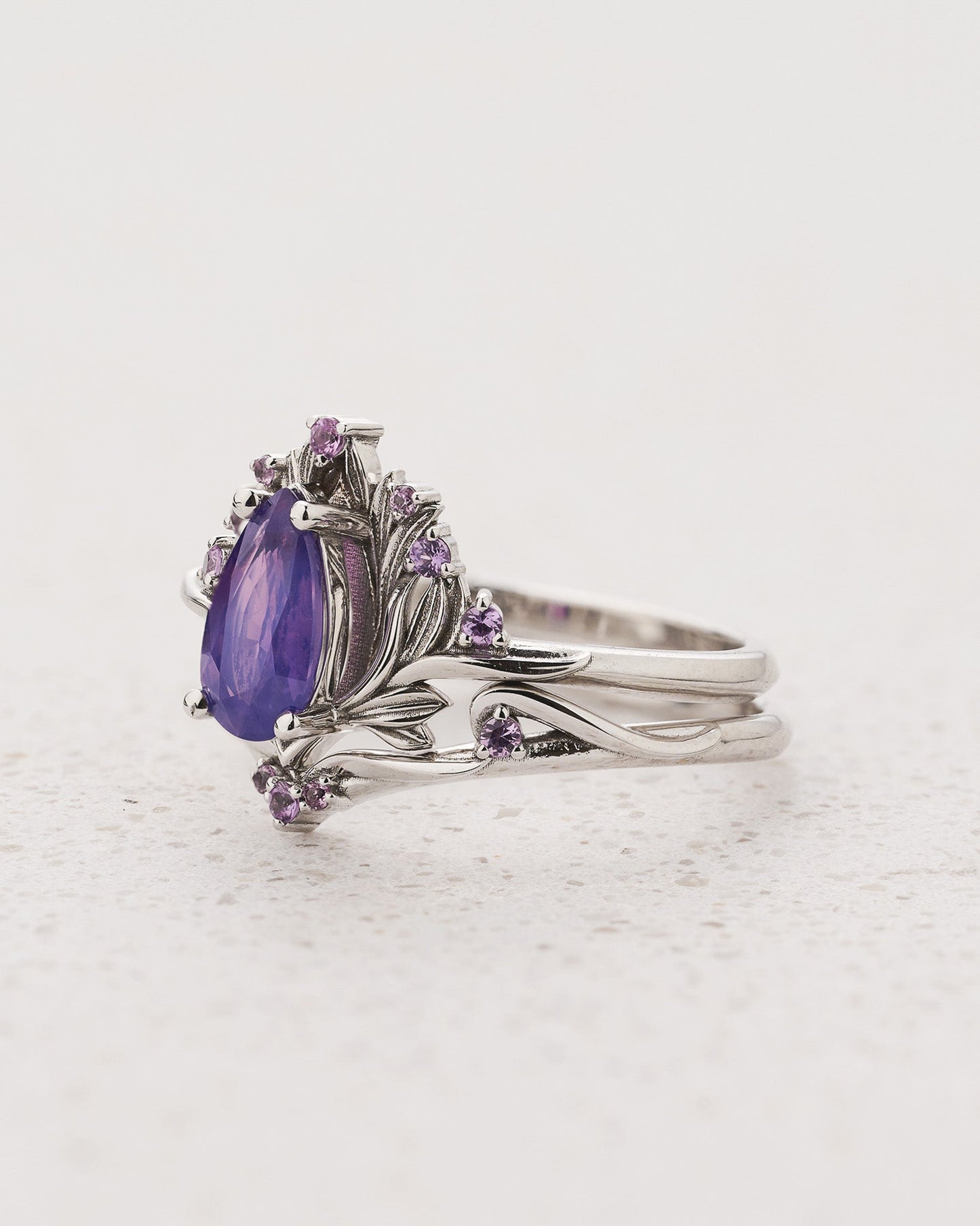 Flower-inspired Bridal Set with Pear-Cut Opalescent Purple Sapphire and Accent Sapphires / Iris