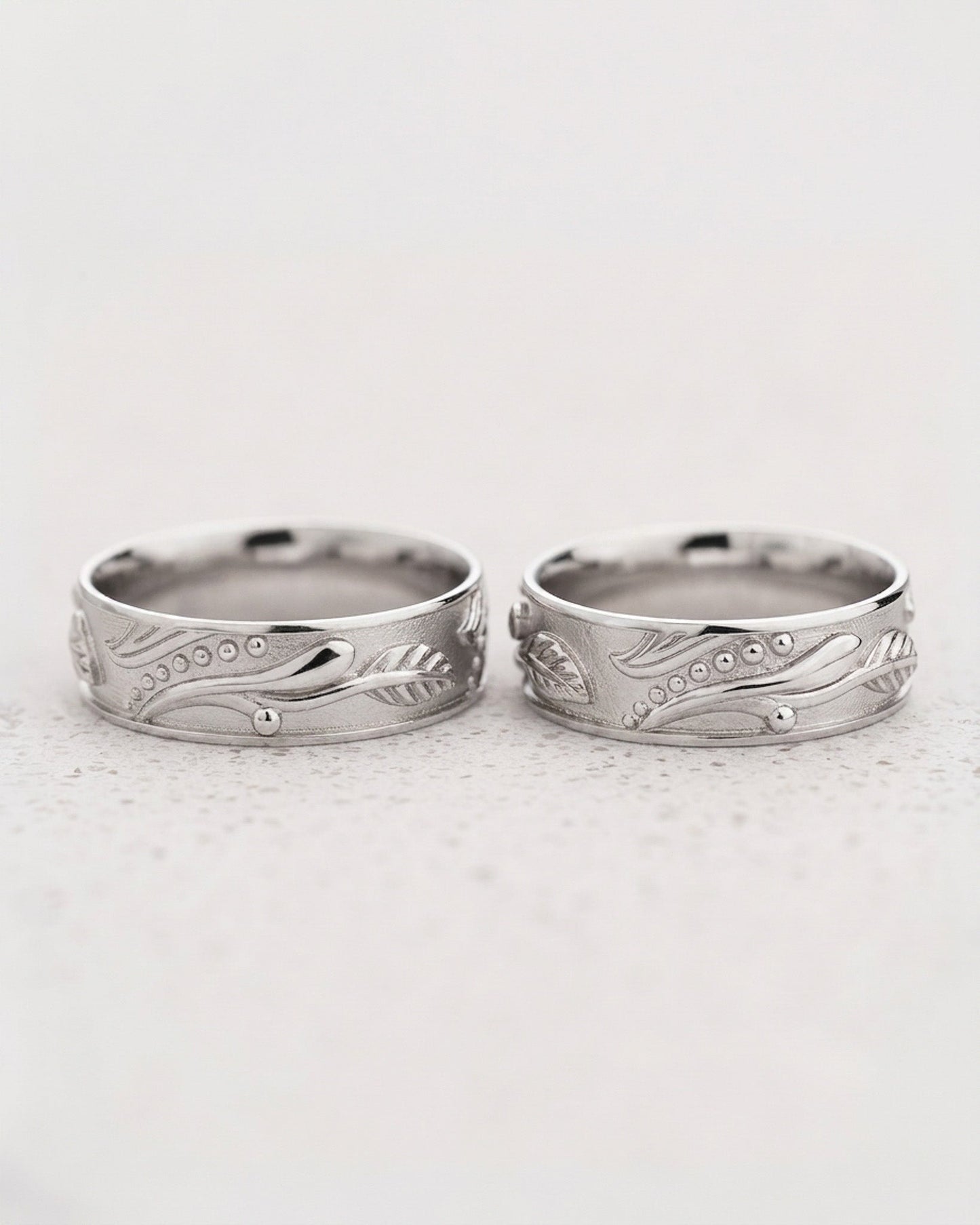 READY TO SHIP Callisto Unisex Wedding Band Set in Leafy Design, platinum, AVAILABLE RING SIZES: 5.75 and 7 US