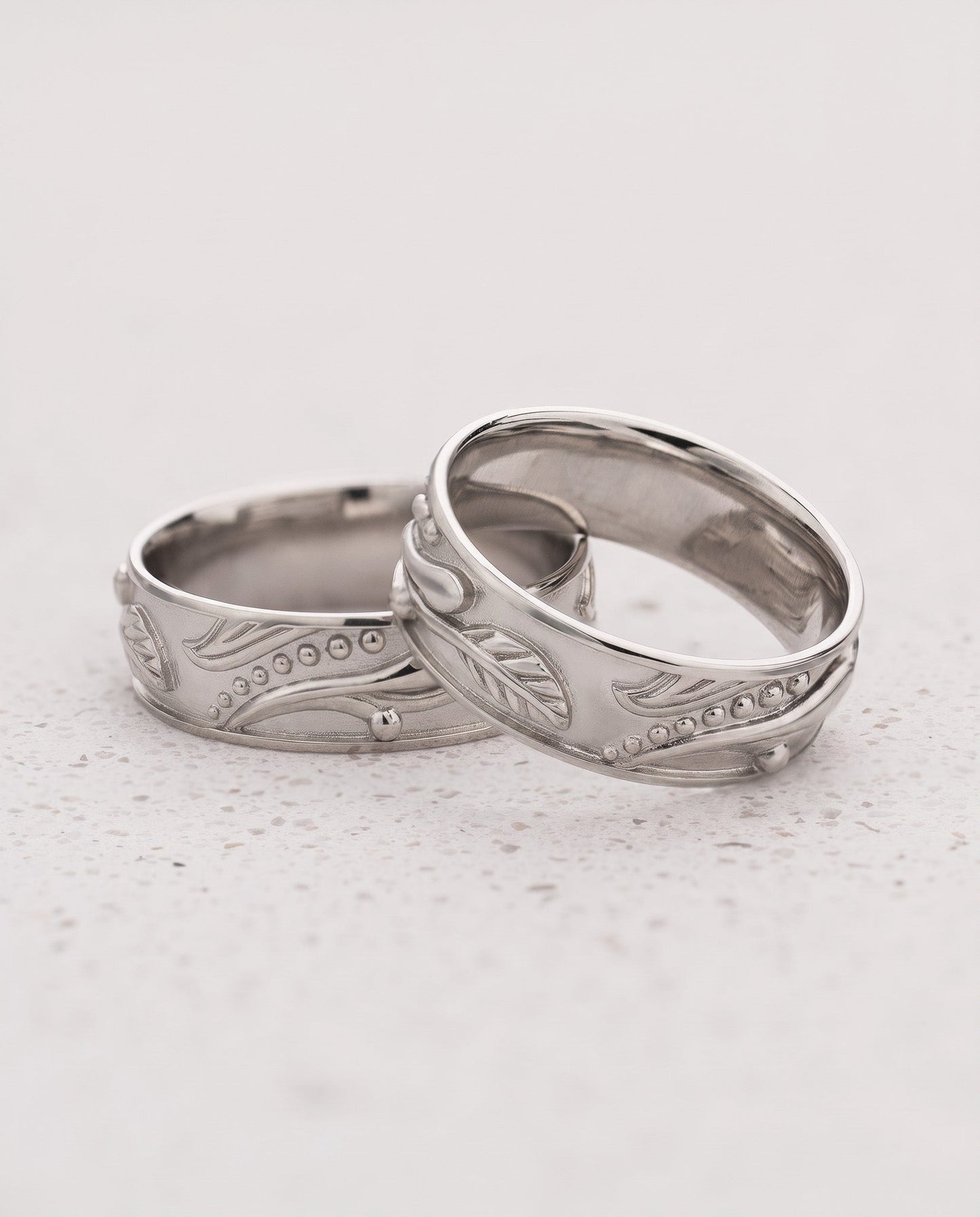 READY TO SHIP Callisto Unisex Wedding Band Set in Leafy Design, platinum, AVAILABLE RING SIZES: 5.75 and 7 US