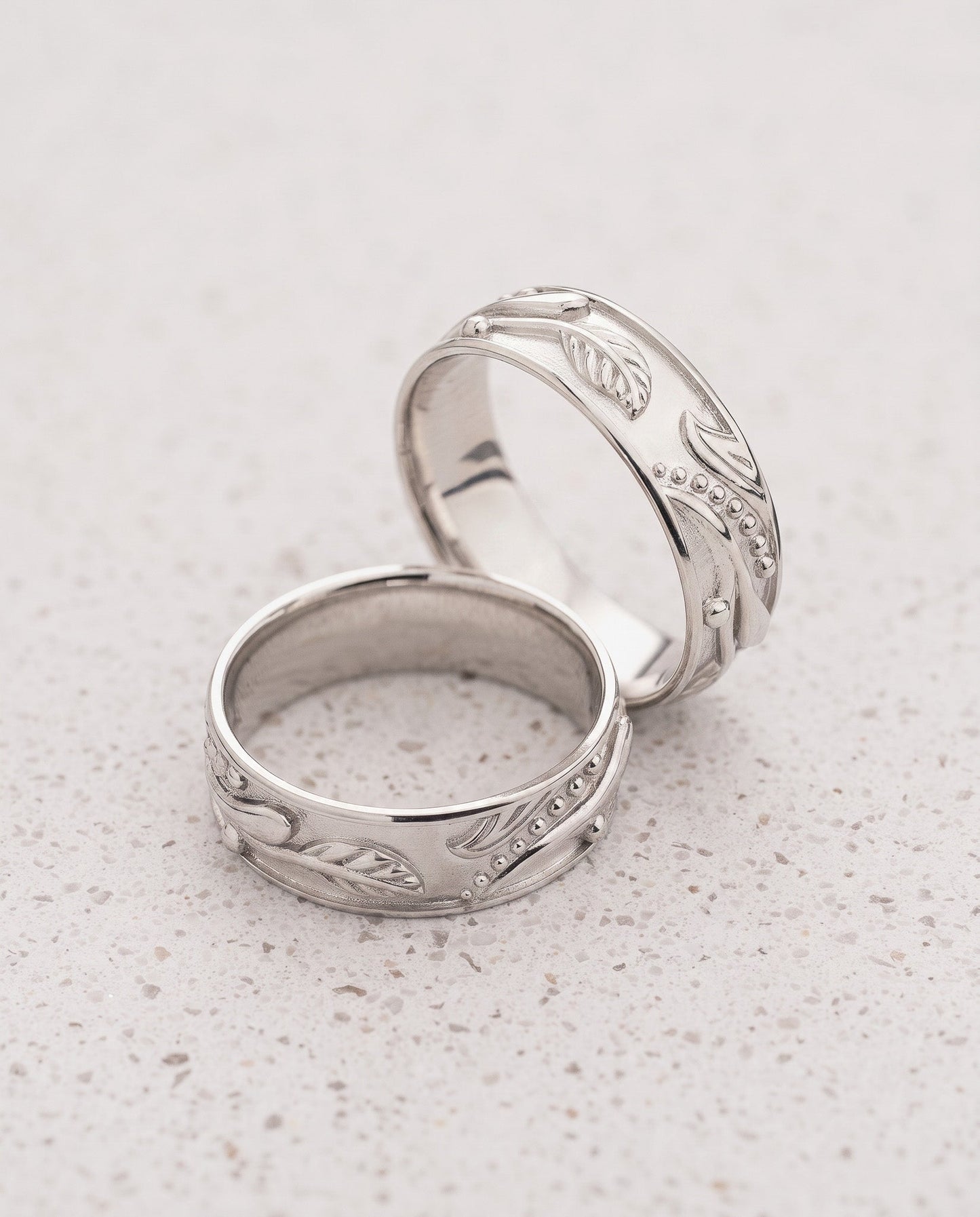 READY TO SHIP Callisto Unisex Wedding Band Set in Leafy Design, platinum, AVAILABLE RING SIZES: 5.75 and 7 US