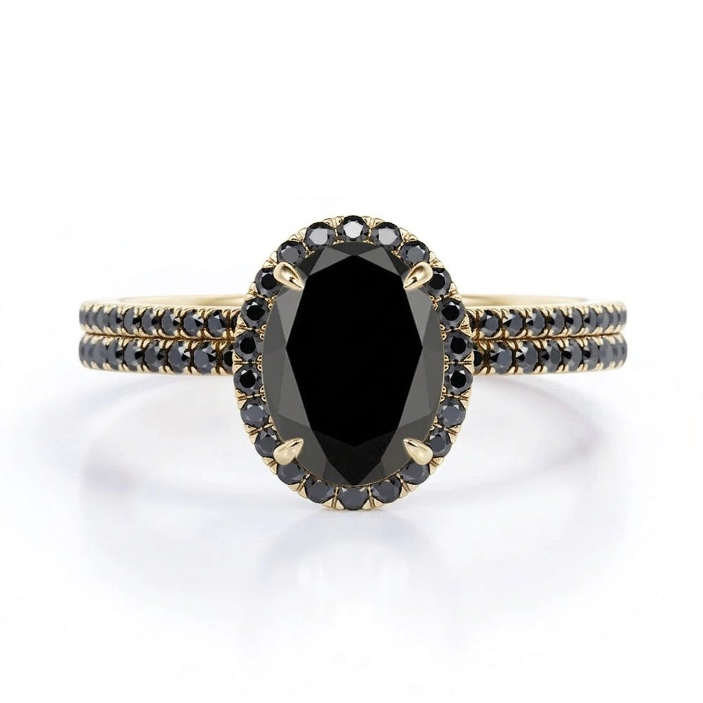 1.7 ct Ovate Lab Black Diamond Halo Wedding Ring Set