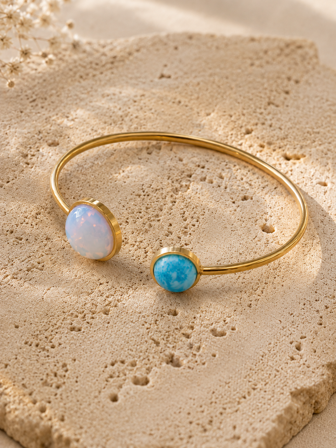 Bracelet Jonc Lagune | Opale Irisée & Larimar Turquoise – Plaqué Or 24k - Univers Larimar