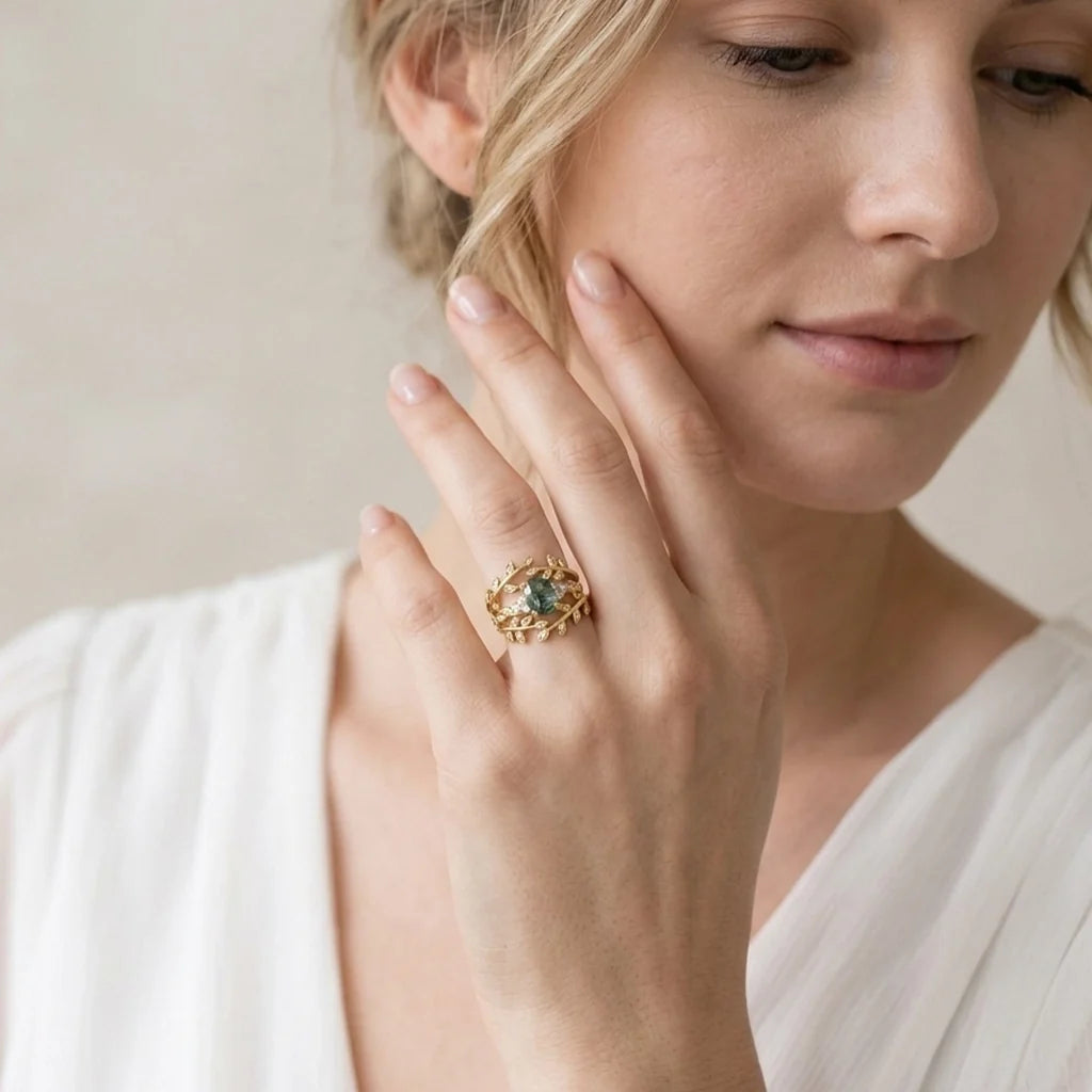 Honorée Moss Agate Leafy Branch Enhancer Ring Set 2pcs