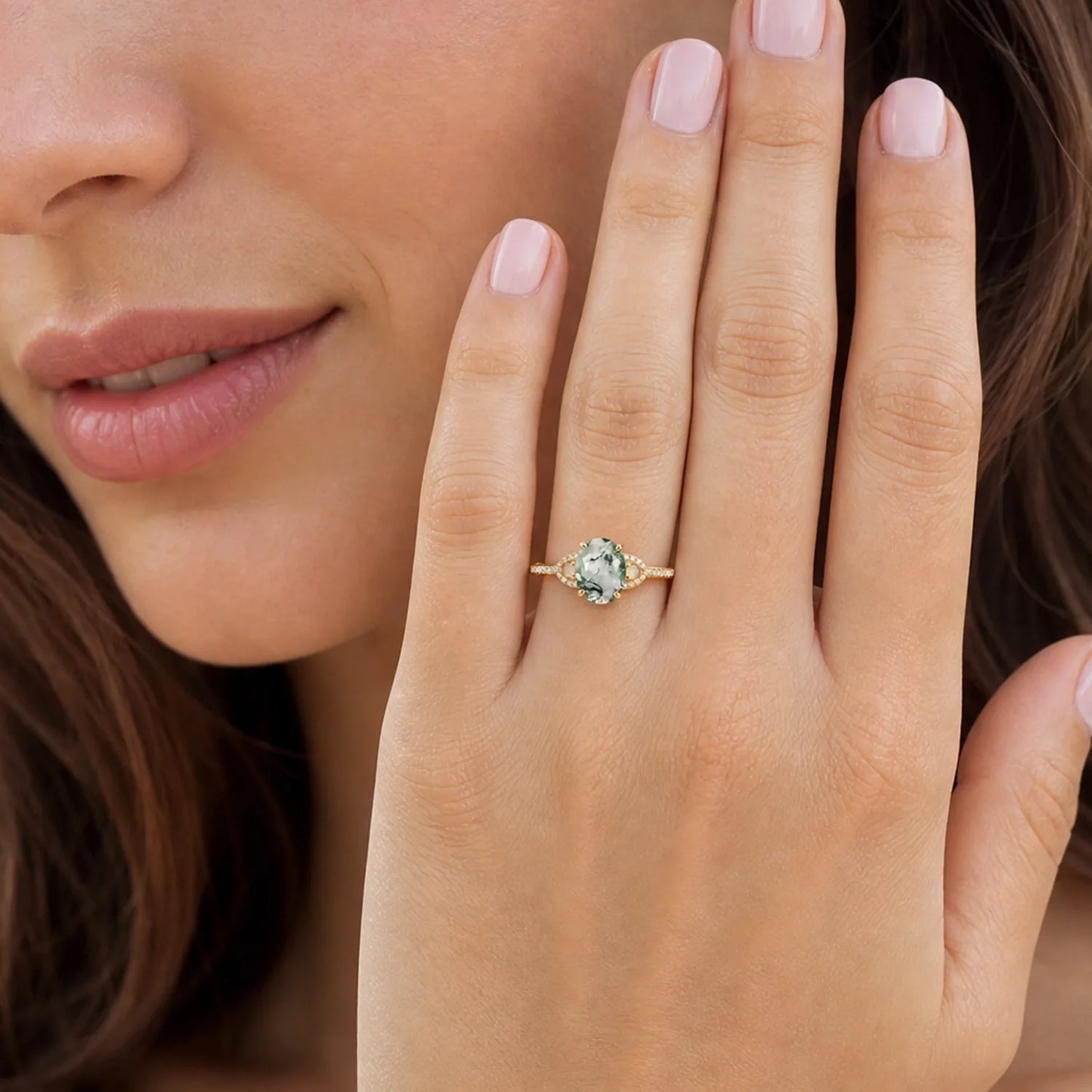Sylvia’s Verdure | Oval Cut Moss Agate Engagement Ring