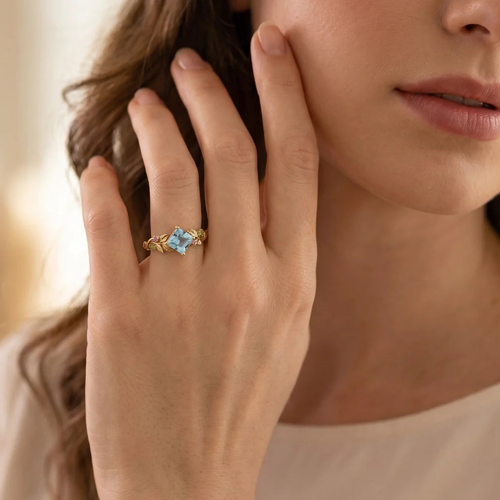 Cressida’s Stillness | Clear Blue Aquamarine Leafy Engagement Ring