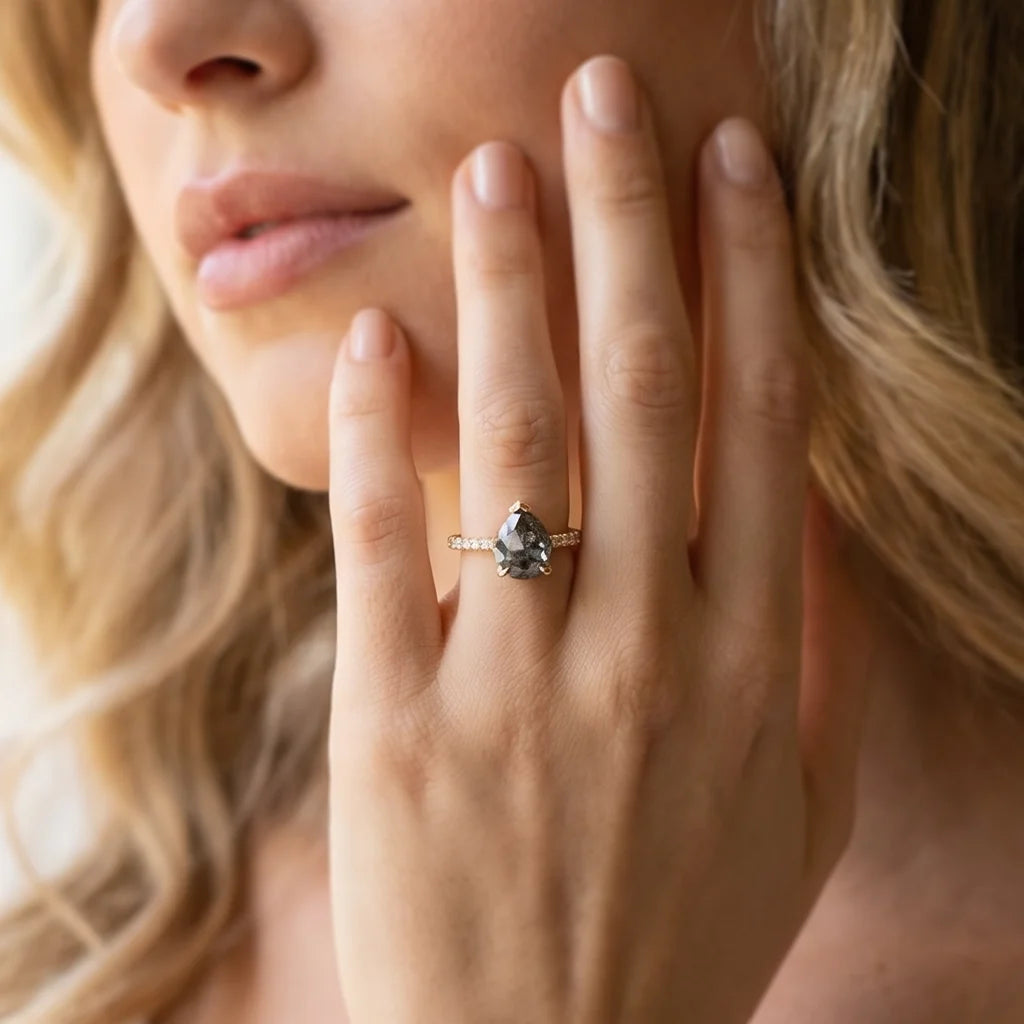 Astrid’s Stardust | 2CT Pear Cut Salt & Pepper Diamond Pavé Engagement Ring
