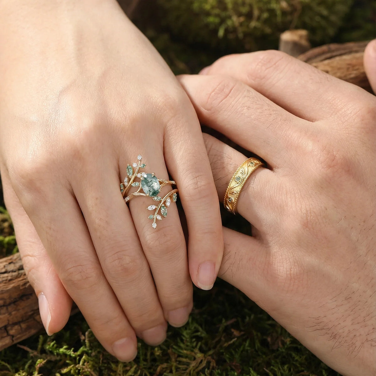 Daphne’s Canopy | Oval Cut Green Moss Agate Cluster Couple Ring Set