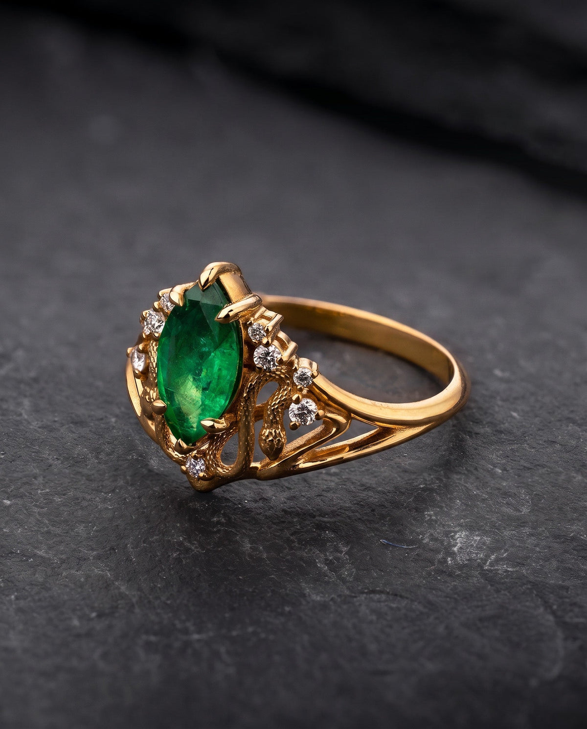 Snakes Engagement Ring With Marquise Emerald / Serpent of Eden