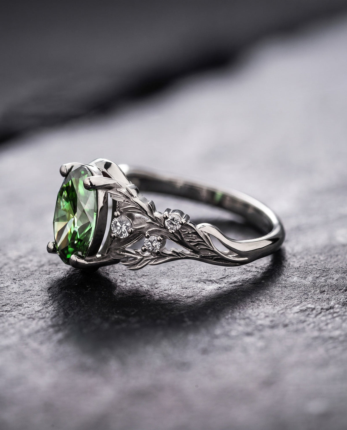 Woodland-Inspired Engagement Ring with Oval Green Diamond / Japanese Maple
