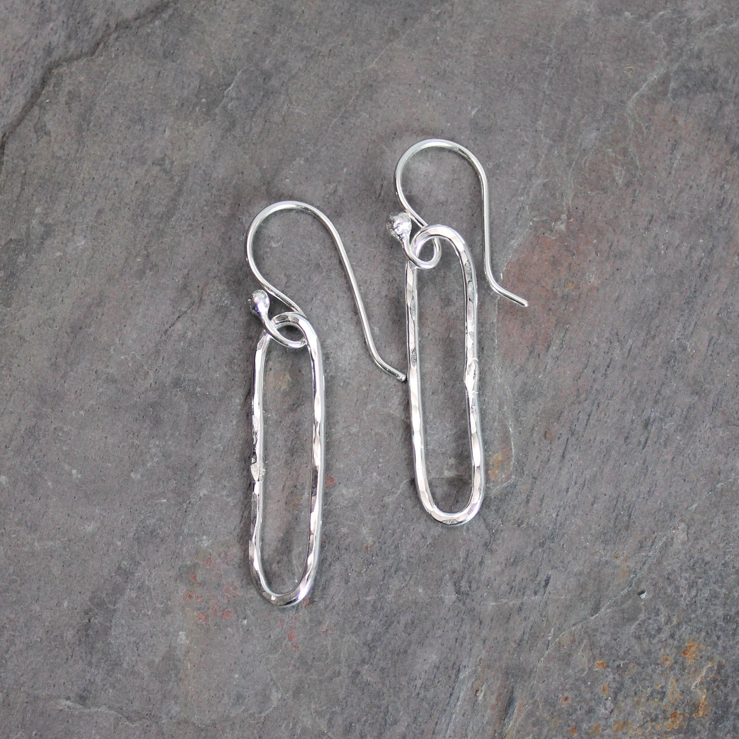 Sterling Silver Small Hammered Dangly Oval Earrings | Handmade Jewelry
