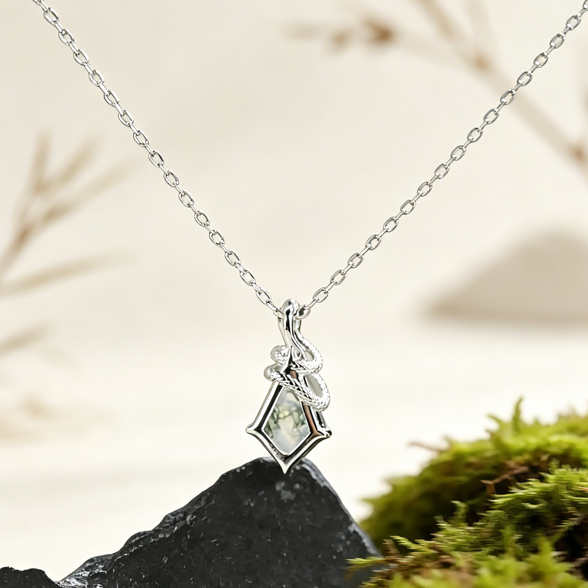 Kite Cut Lab Green Sappire Mystical Serpent Carved Nature Inspired Necklace - Cloak