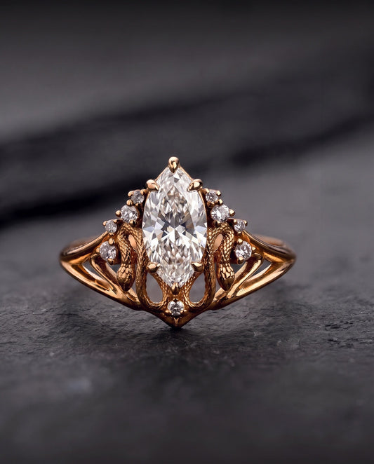Snakes Engagement Ring With Marquise Diamond / Serpent of Eden