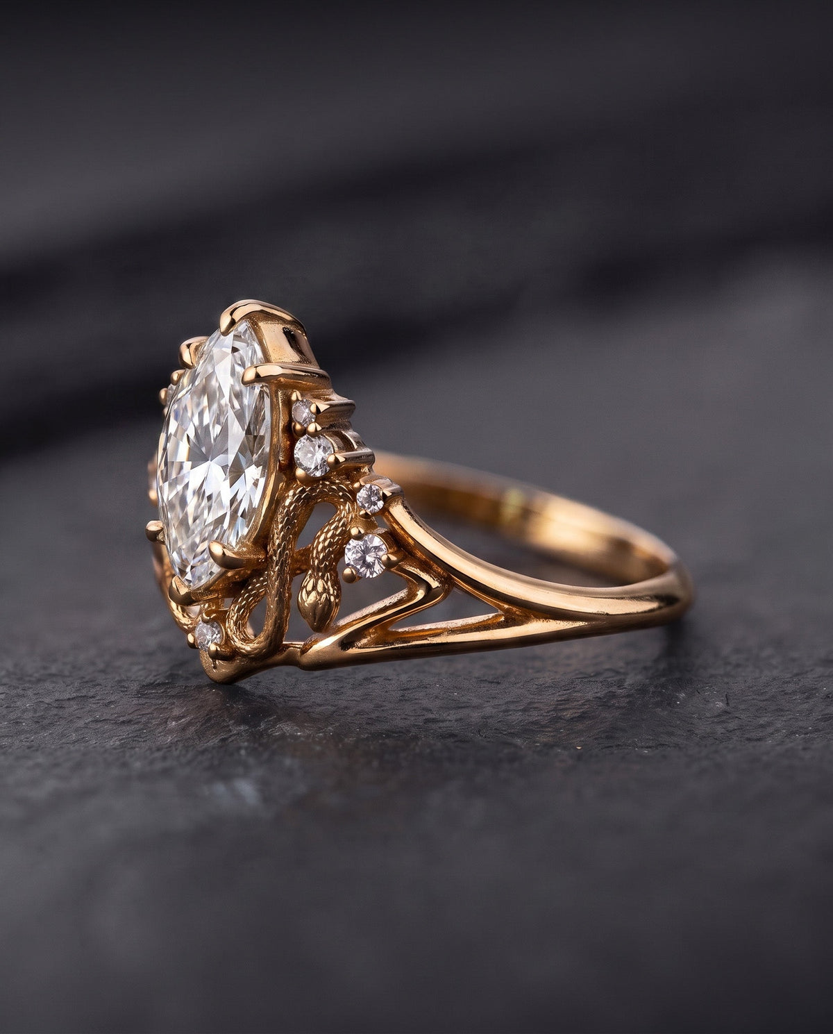 Snakes Engagement Ring With Marquise Diamond / Serpent of Eden
